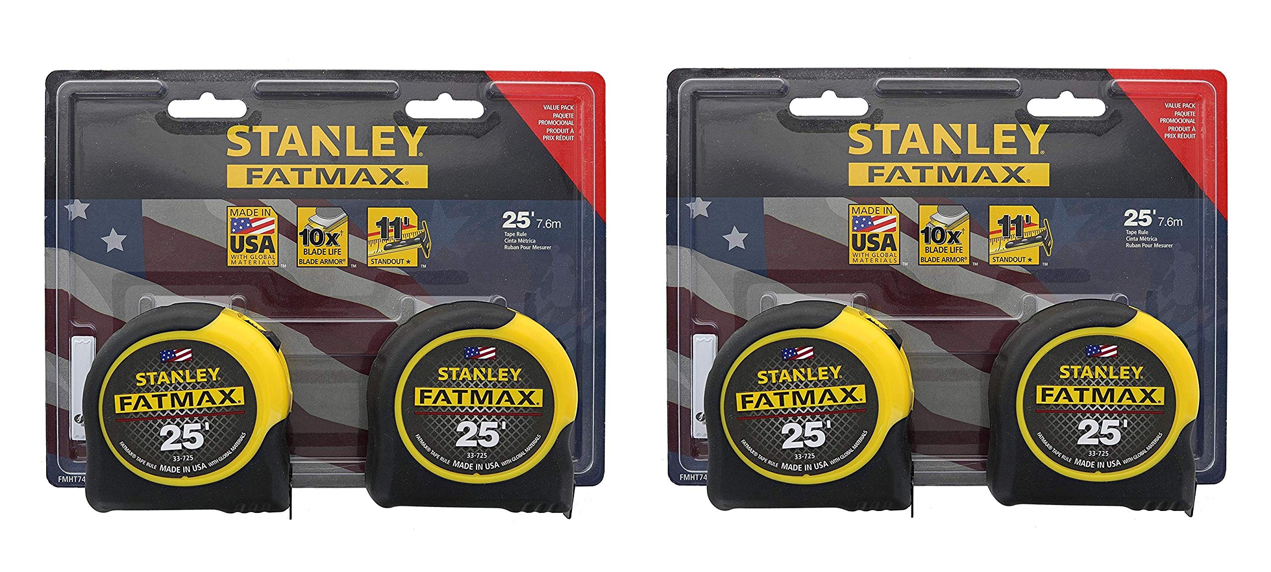 Stanley FMHT74038 FatMax 25-Foot Tape Measure - 2-Pack (4 Tape Measures Total) - Durable, Heavy-Duty Construction for Construction, Carpentry, and DIY Projects