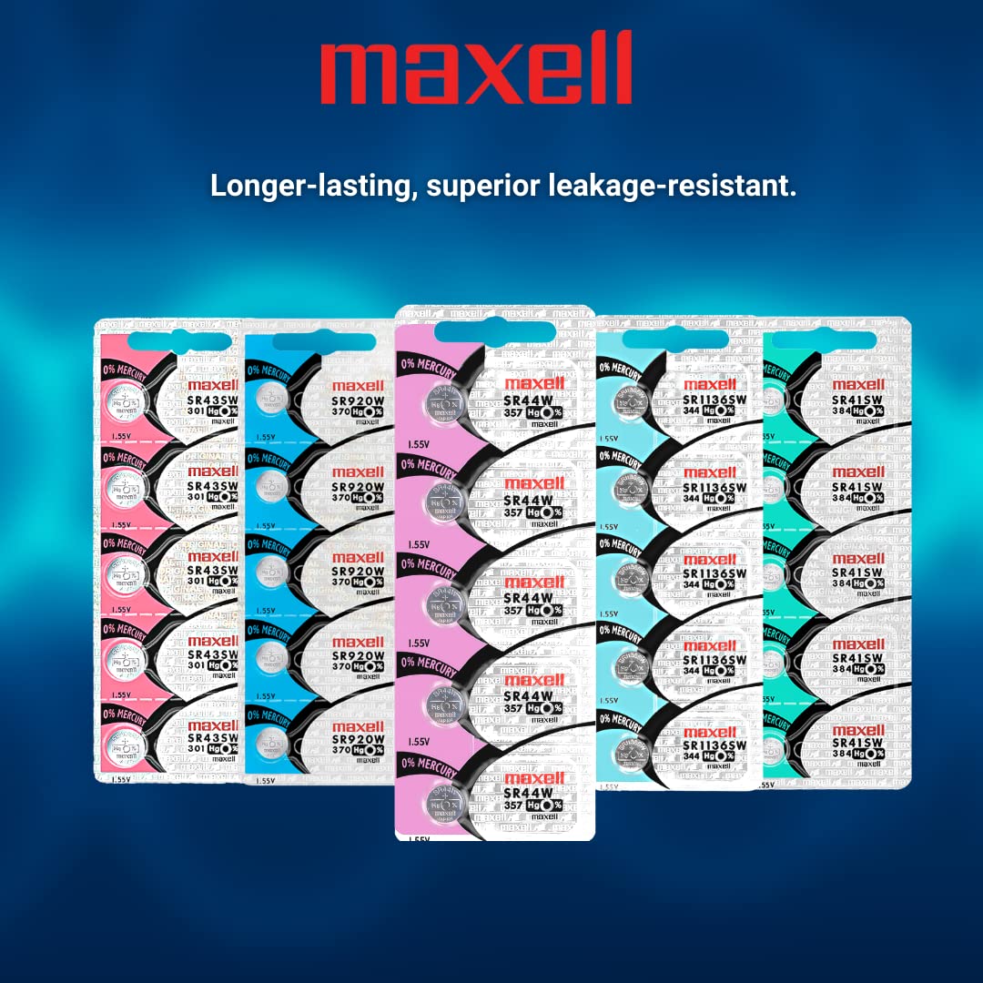 Maxell 357 SR44W Silver Oxide Button Cell Batteries (5-Pack) - Long-Lasting Power for Watches, Calculators, and Medical Devices
