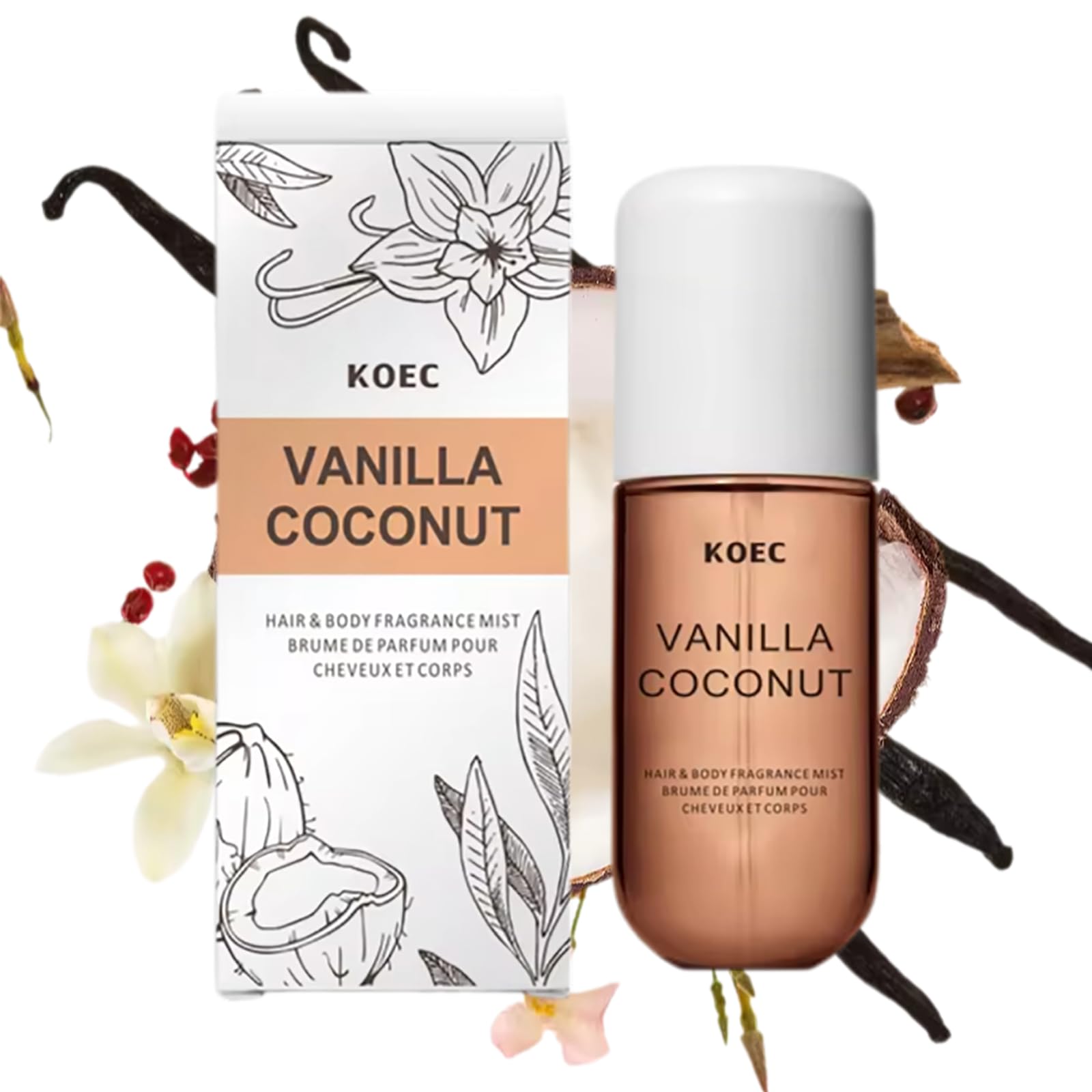 Koec Vanilla Coconut Perfume for Women & Men - 50ml Eau De Toilette Body & Hair Fragrance Mist - Travel Size Spray - Tropical Scent for Summer, Beach, Date Night & Everyday Wear