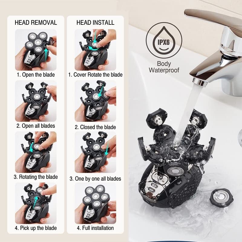 6-in-1 Rechargeable Electric Razor for Men with 6D Floating Heads - Waterproof Bald Head Shaver for Smooth Shaving - Perfect for Travel, Gym & Daily Grooming Routine