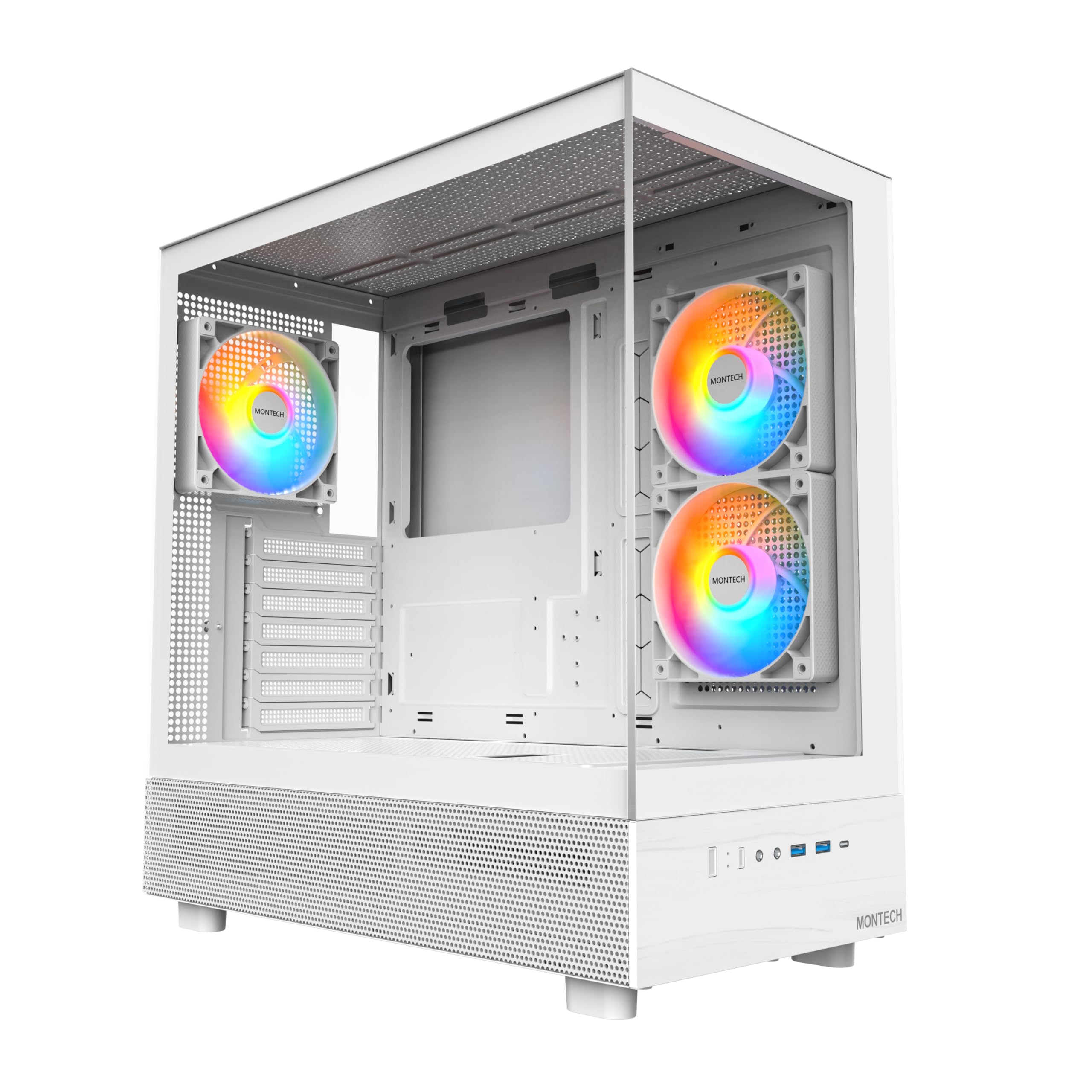 MONTECH XR ATX Mid-Tower PC Gaming Case - 3 x 120mm ARGB PWM Fans, Dual Tempered Glass Panels, Wood-Grain I/O - Supports RTX 4090 GPU & 360mm Radiator (White) - Perfect for High-End Gaming Rigs & Custom Water Cooling Builds