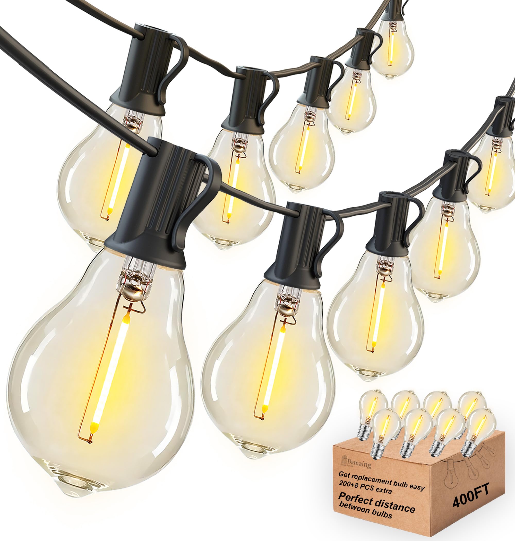 400FT Outdoor String Lights (4x100FT) - Waterproof LED Patio Lights with 208 Shatterproof Edison Bulbs, Connectable for Backyard, Balcony, Bistro & Porch - 2200K Warm White on Black Cord - Perfect for Outdoor Dining, Garden Parties & Evening Ambiance