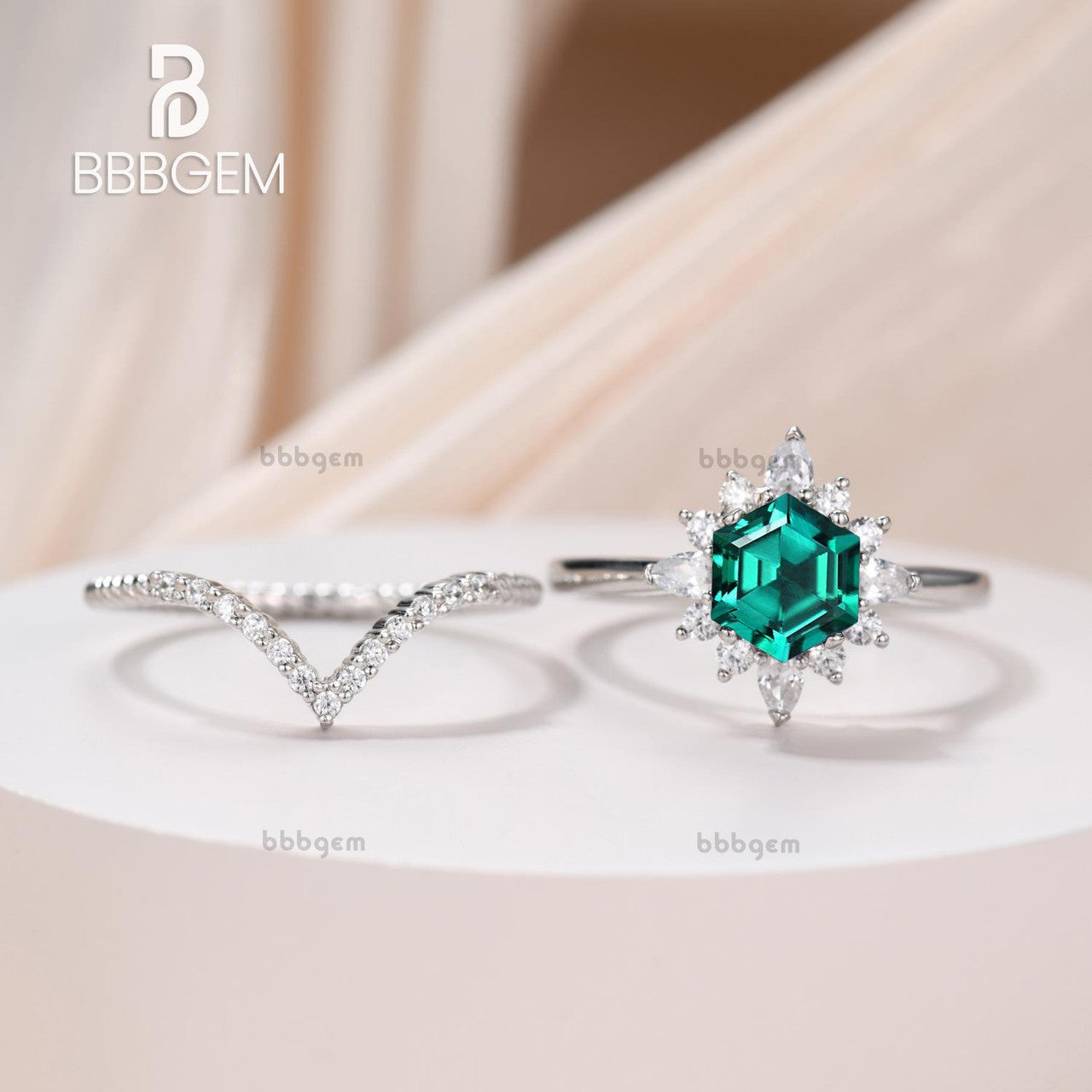 Hexagon Lab Emerald Silver Ring Set - White Gold Plated Curved Elongated Rope Diamond Chevron Band for Women - Perfect for Weddings, Anniversaries & Special Occasions