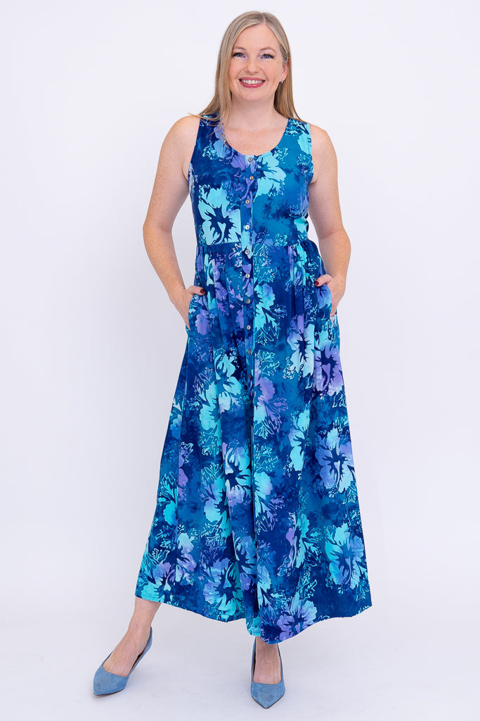Cleo Dress - Women's Floral Print Summer Dress in Aqua Hibiscus | Perfect for Beach Vacations, Parties & Casual Outings