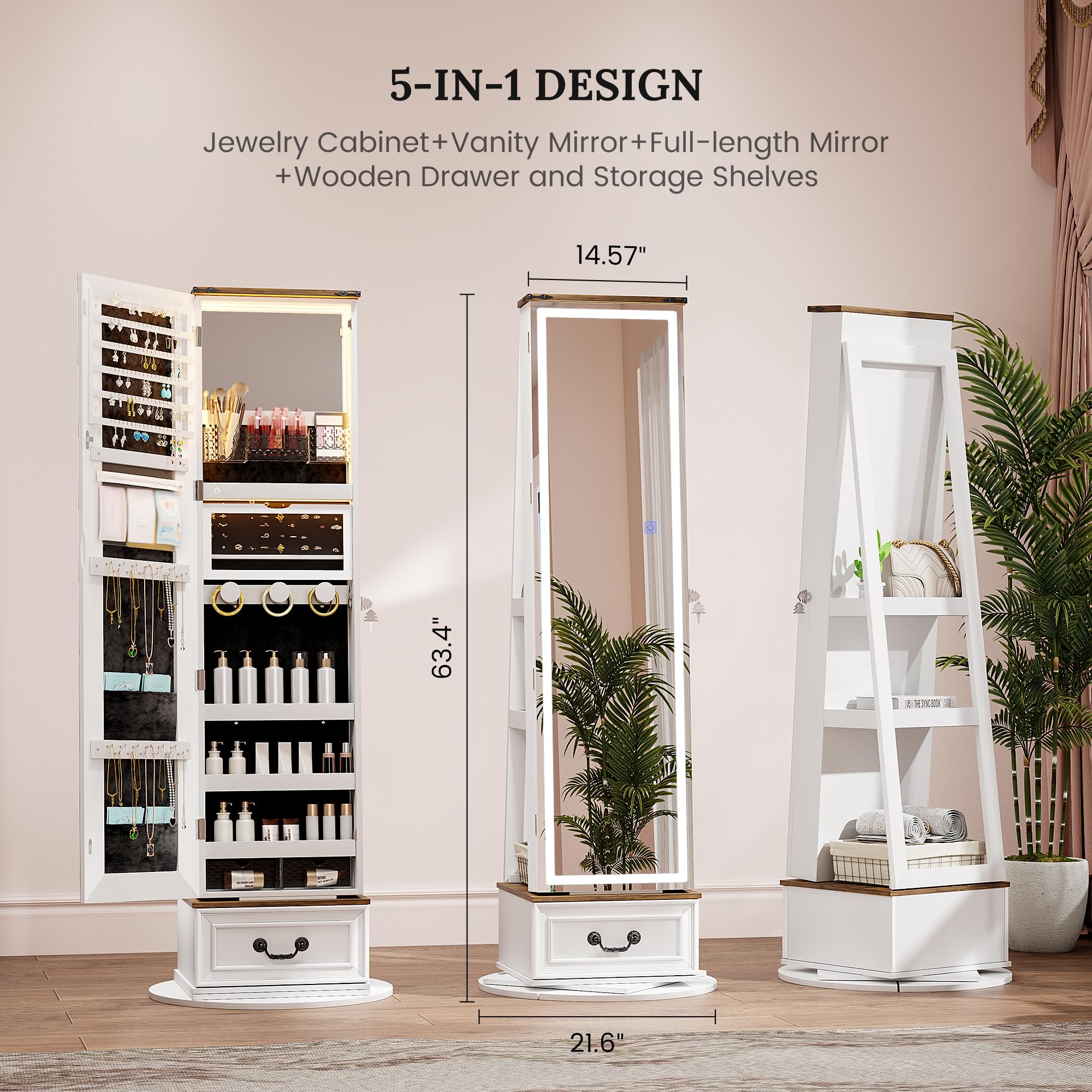 LVSOMT LED Mirror Jewelry Cabinet Standing - 360° Swivel Jewelry Armoire with Full Length Mirror & Storage, Large Wooden Drawer Organizer for Necklaces, Rings, Earrings - Perfect Christmas Gift for Women (Farmhouse White) | Bedroom Vanity, Closet Organization, Dressing Room Decor