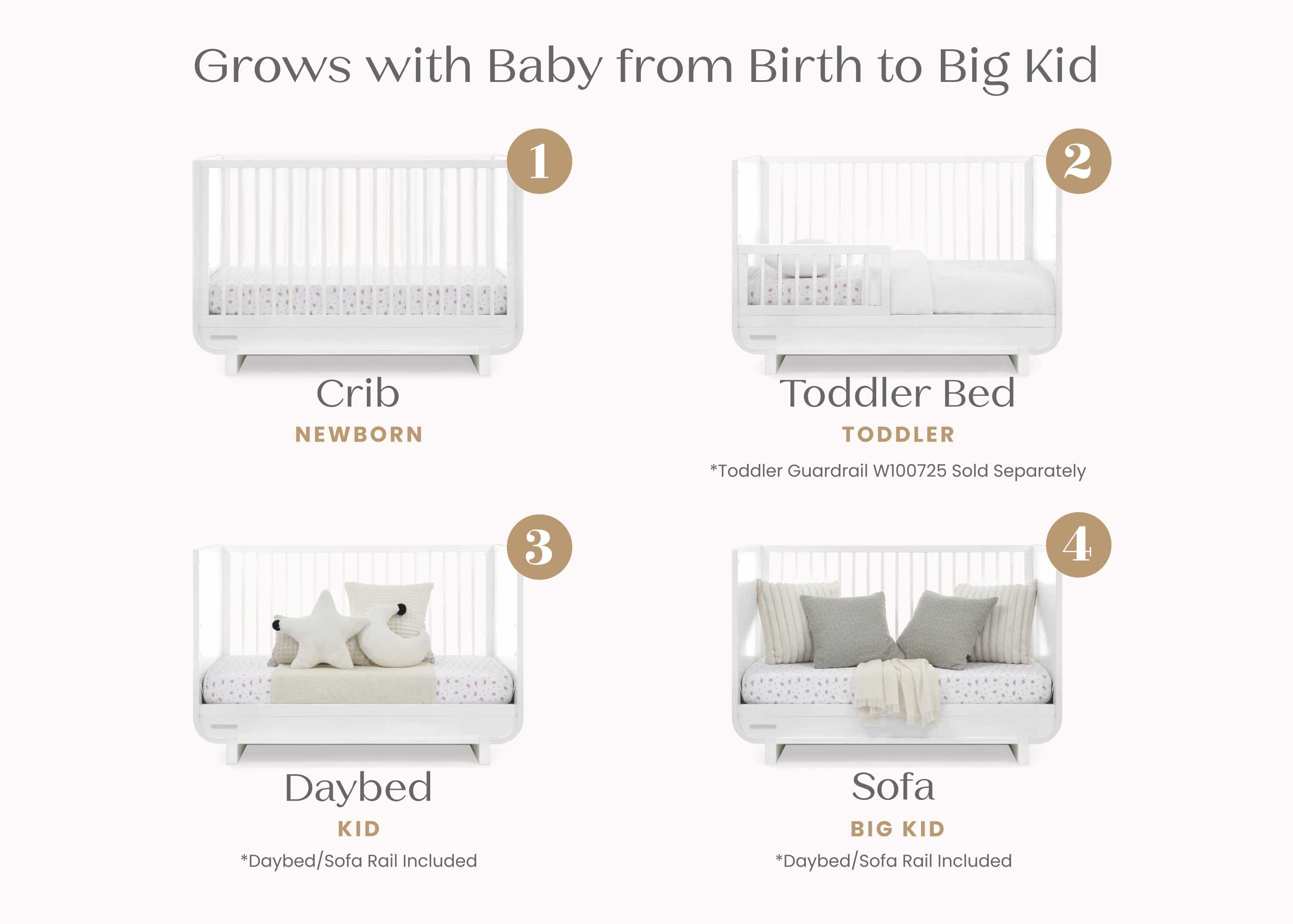 Rhodes 4-in-1 Convertible Baby Crib - Toddler Bed, Daybed & Full-Size Bed - Safe & Stylish Nursery Furniture for Newborns to Teens - Perfect for Small Spaces & Modern Nurseries