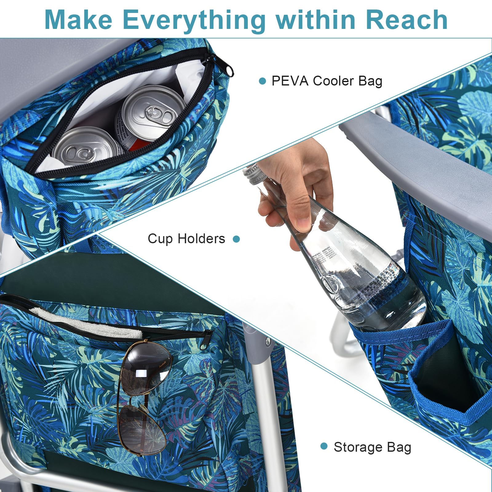 GYMAX 4-Pack Portable Folding Beach Chairs with Cooler Bag, Cup Holder & Pockets - Lightweight Backpack Camping Chairs for Outdoor, Picnic, Poolside, Backyard & Beach Relaxation (Blue Leaves)