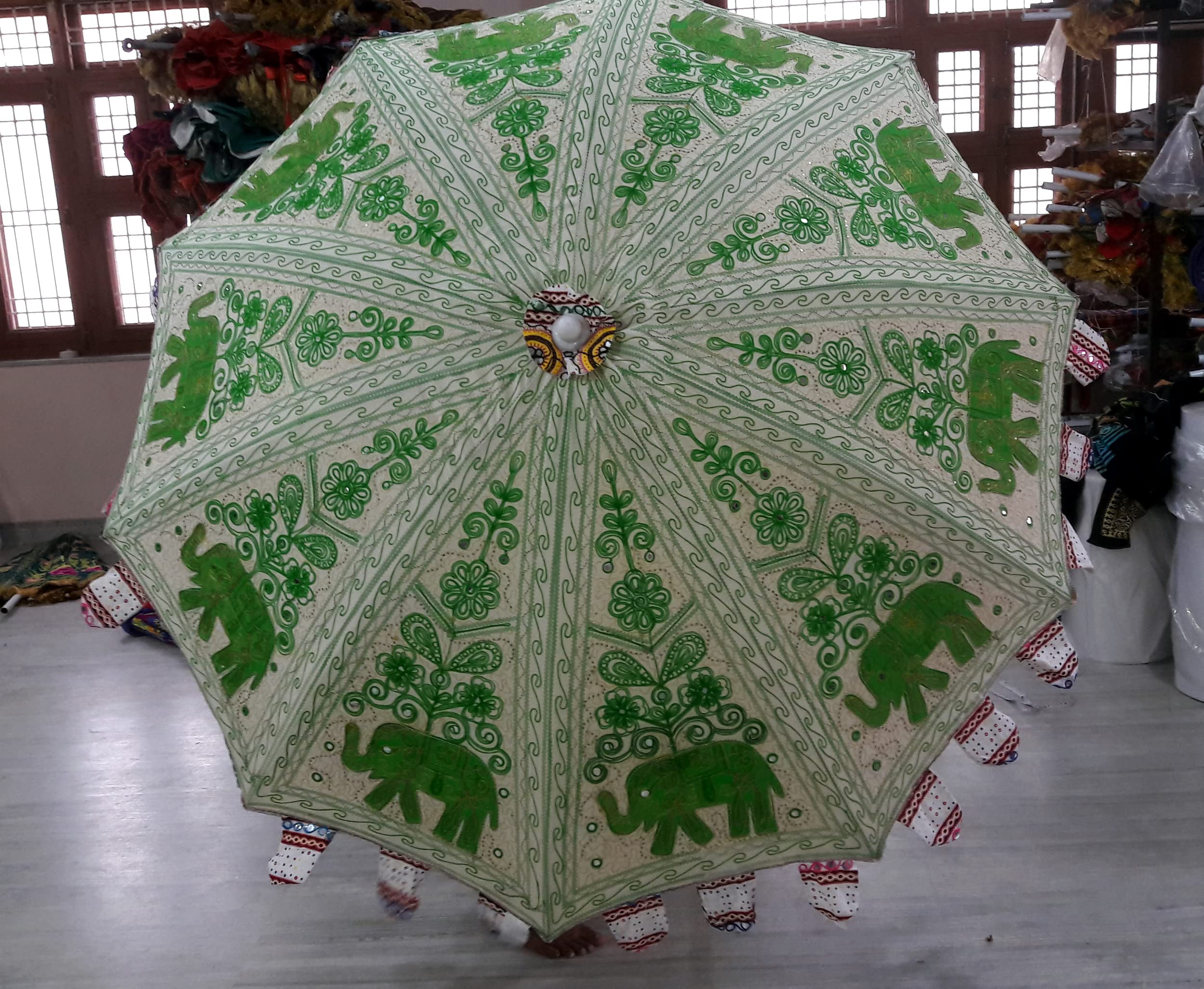 Handmade Indian Elephant Boho Umbrella - Cotton Embroidery UV Protection Sun Parasol for Beach, Wedding & Bohemian Decor | Hippie Gypsy Style Green Elephant Design | Perfect for Outdoor Festivals, Garden Parties & Tropical Vacations