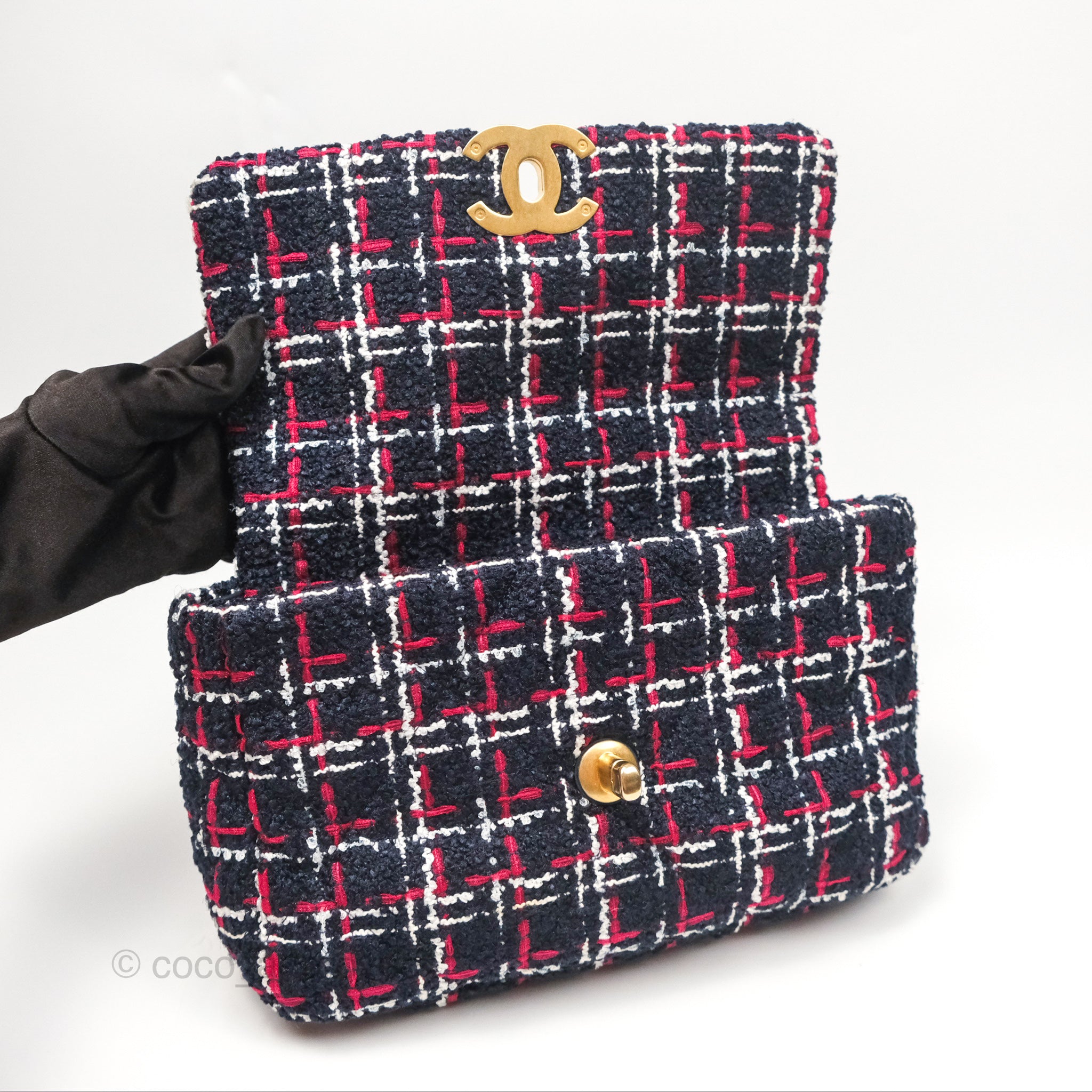 Chanel 19 Small Navy Grid Tweed Bag with Mixed Hardware - Luxury Crossbody Flap Bag for Women, Perfect for Date Night & Special Occasions