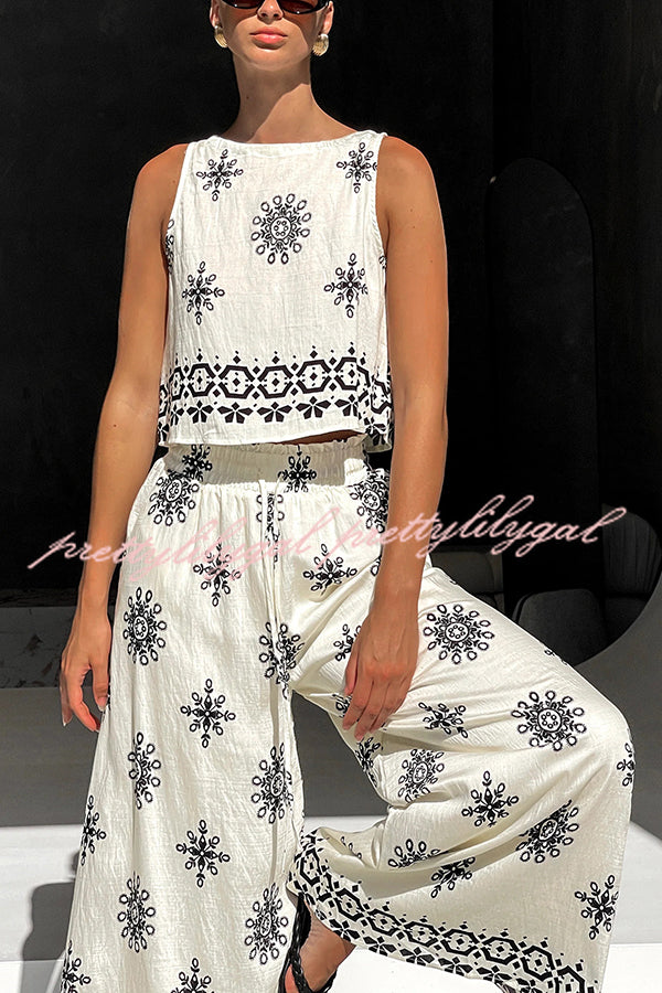 Stylish Printed Round Neck Sleeveless Blouse & Elastic Waist Pocket Wide Leg Pants Set - Women's Casual Outfit for Summer, Beach, Vacation & Daily Wear