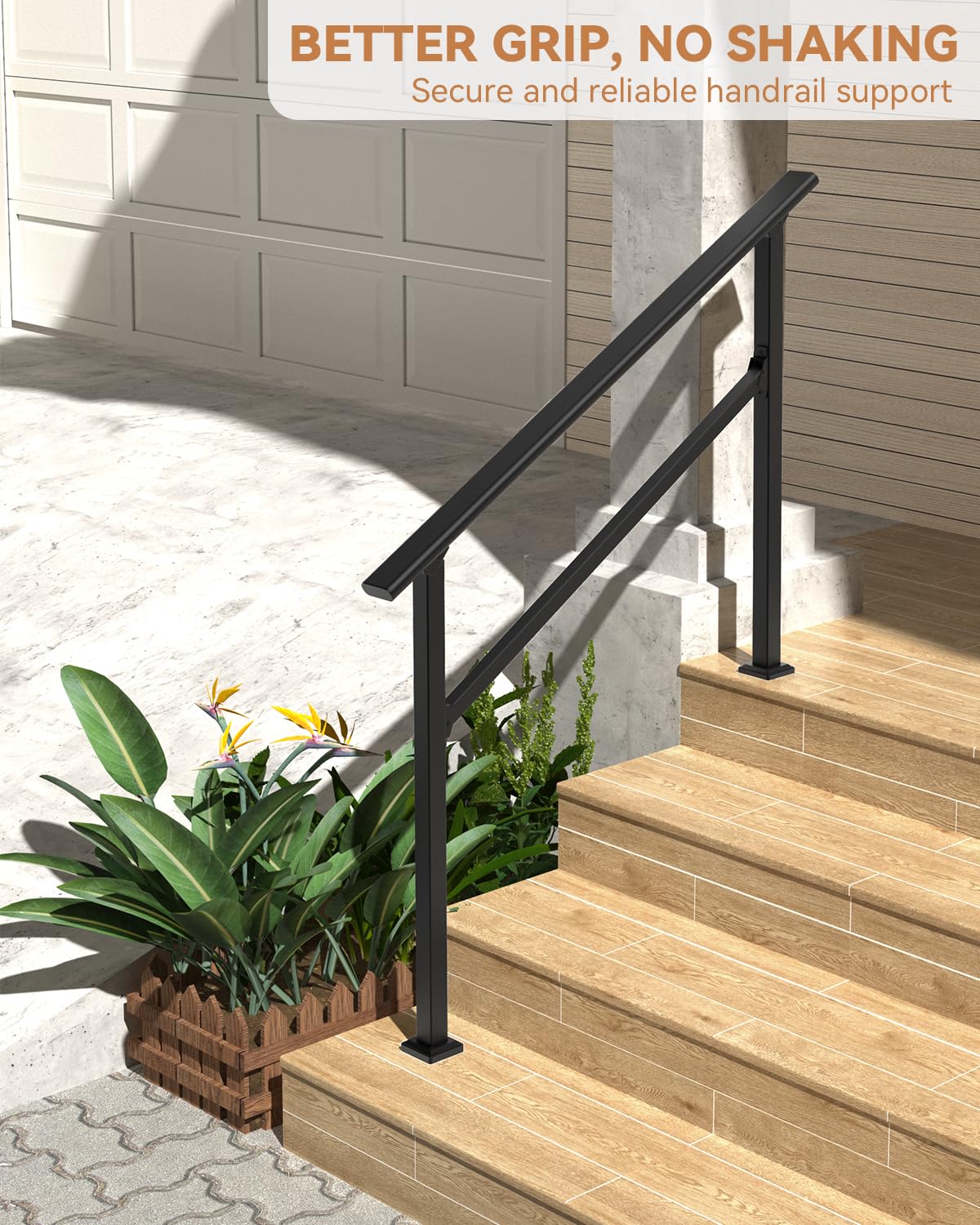 GARVEE 3-Step Outdoor Metal Handrail - Black Finish Stair Railing for Steps, Porch, Deck & Patio Safety