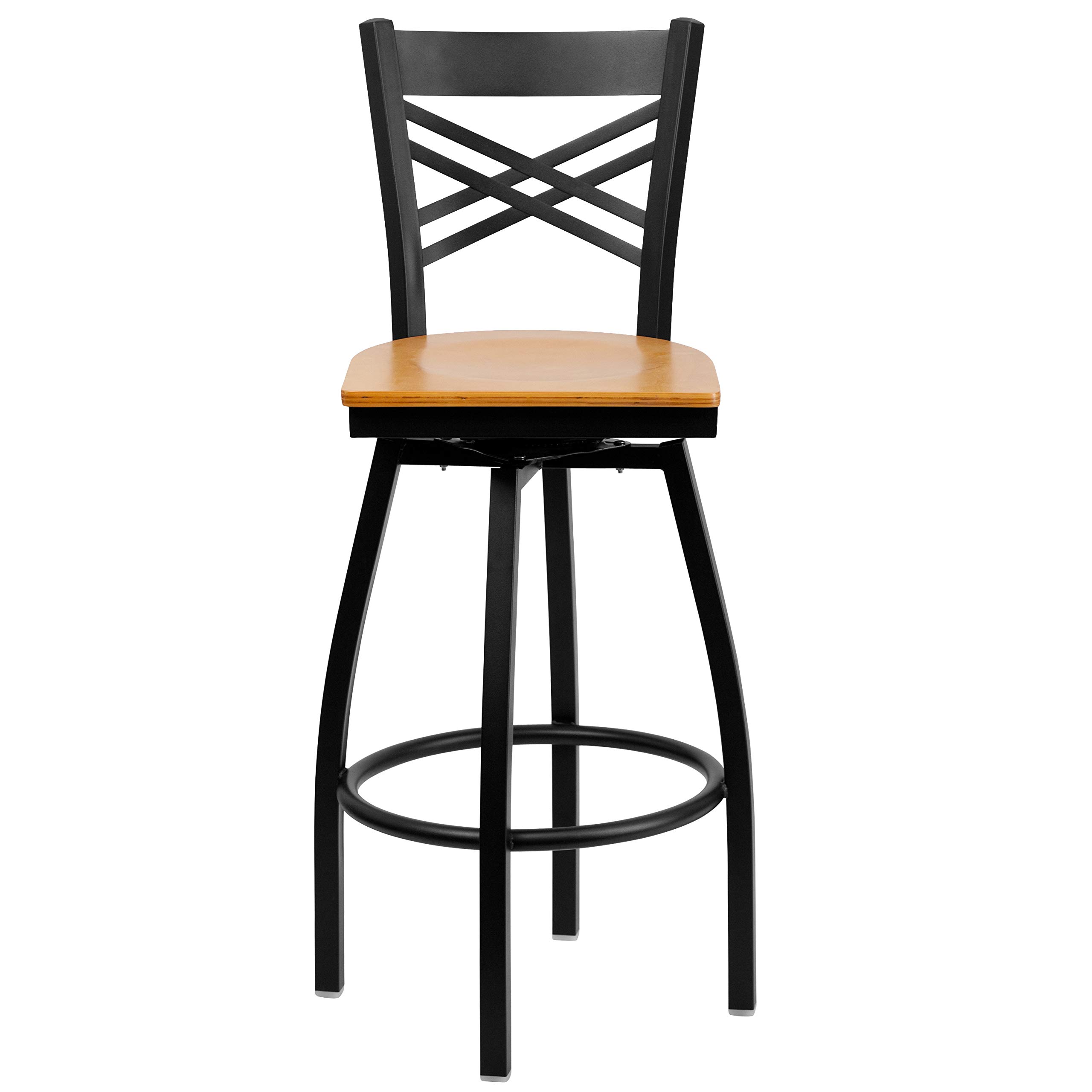 2 Pack Black X-Back Swivel Metal Bar Stools with Natural Wood Seat - Perfect for Kitchen Island, Dining Room, and Home Bar Decor