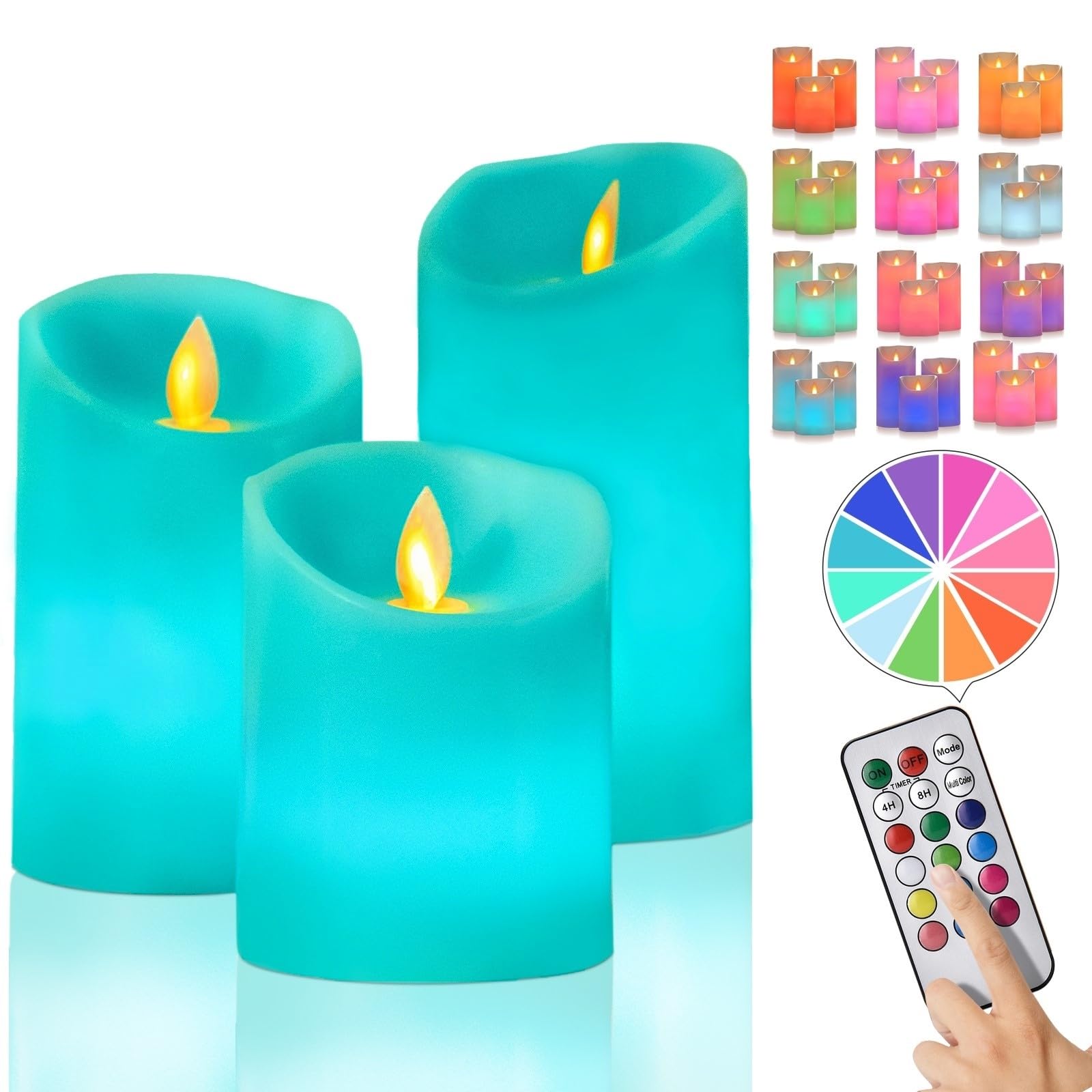 Premium Teal Flameless Candles - Battery Operated LED Pillar Candles with Remote & Timer Control (Set of 3 in 4