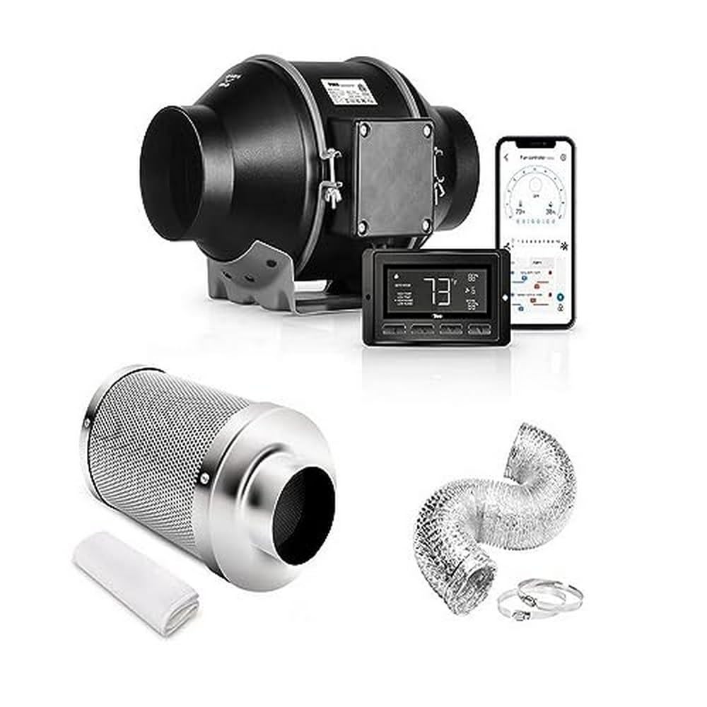 iPower 4 Inch Smart Inline Duct Fan with Carbon Filter & 8ft Ducting - WiFi App Control, Alexa Voice, Temperature & Humidity Monitoring - Perfect for HVAC, Hydroponics, Grow Tents & Indoor Gardening