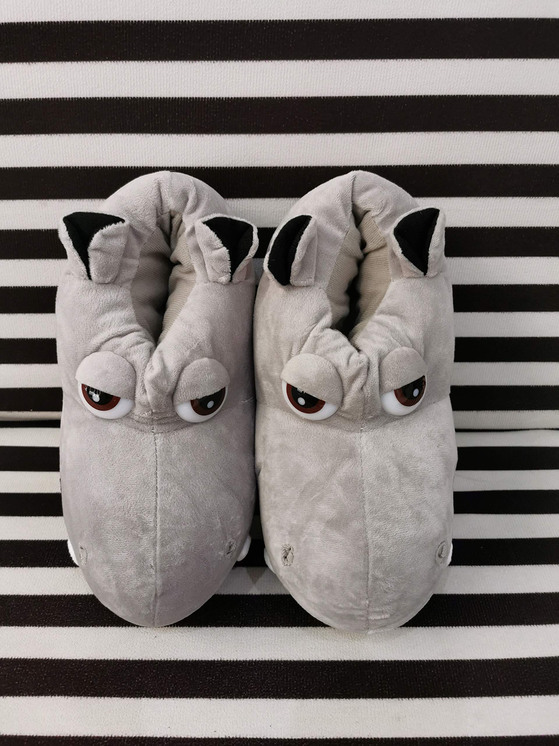 YUCHE Plush Animal Slippers for Adults & Kids - Soft Cotton Hippo House Shoes (Size 7, Grey) - Cozy Indoor & Outdoor Wear for Family