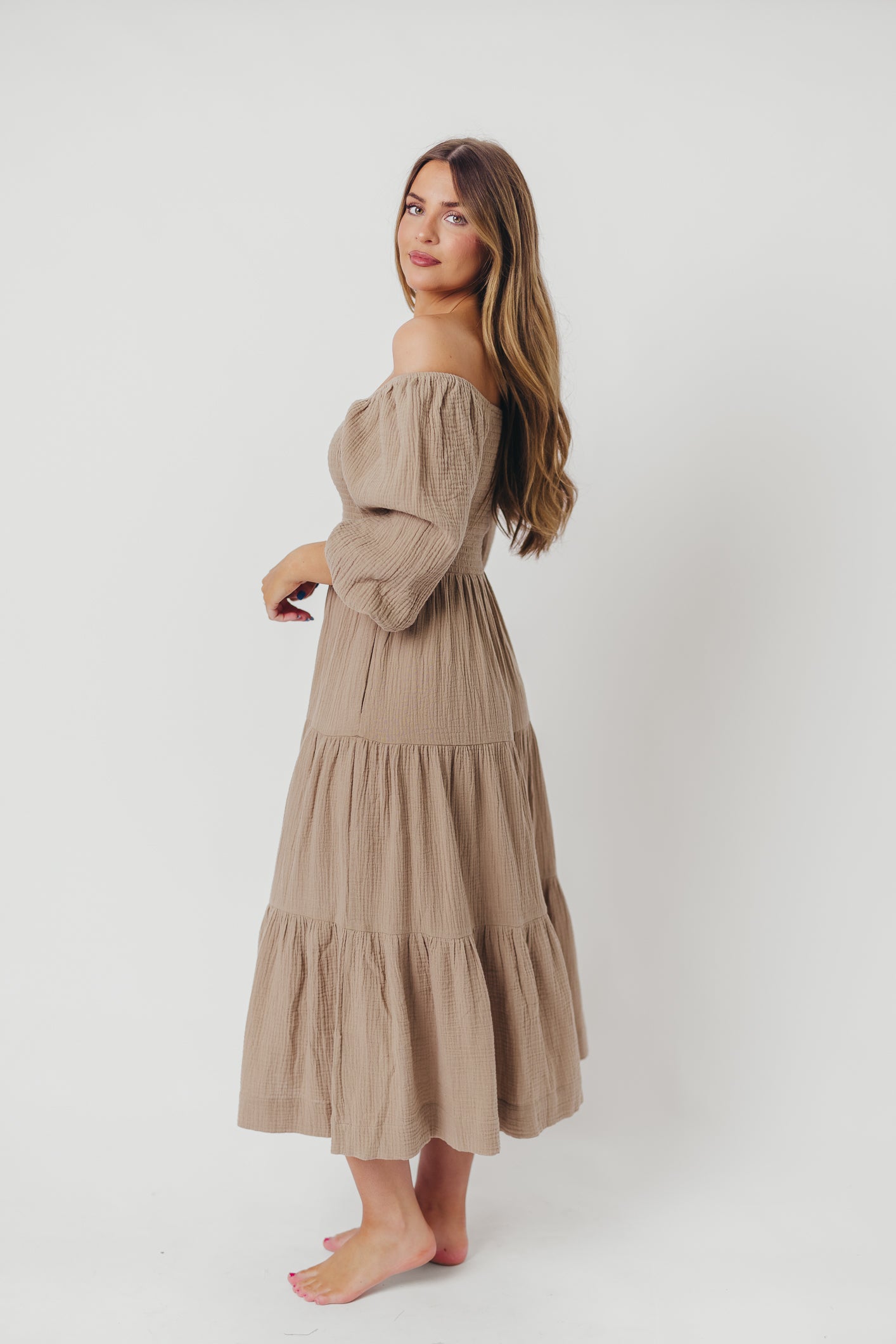 Taylor Cotton Smocked Midi Dress with Tiered Skirt in Pumice - Inclusive Sizing (XS-3X) | Flowy Summer Dress for Women | Perfect for Beach Vacations, Brunch Dates & Garden Parties