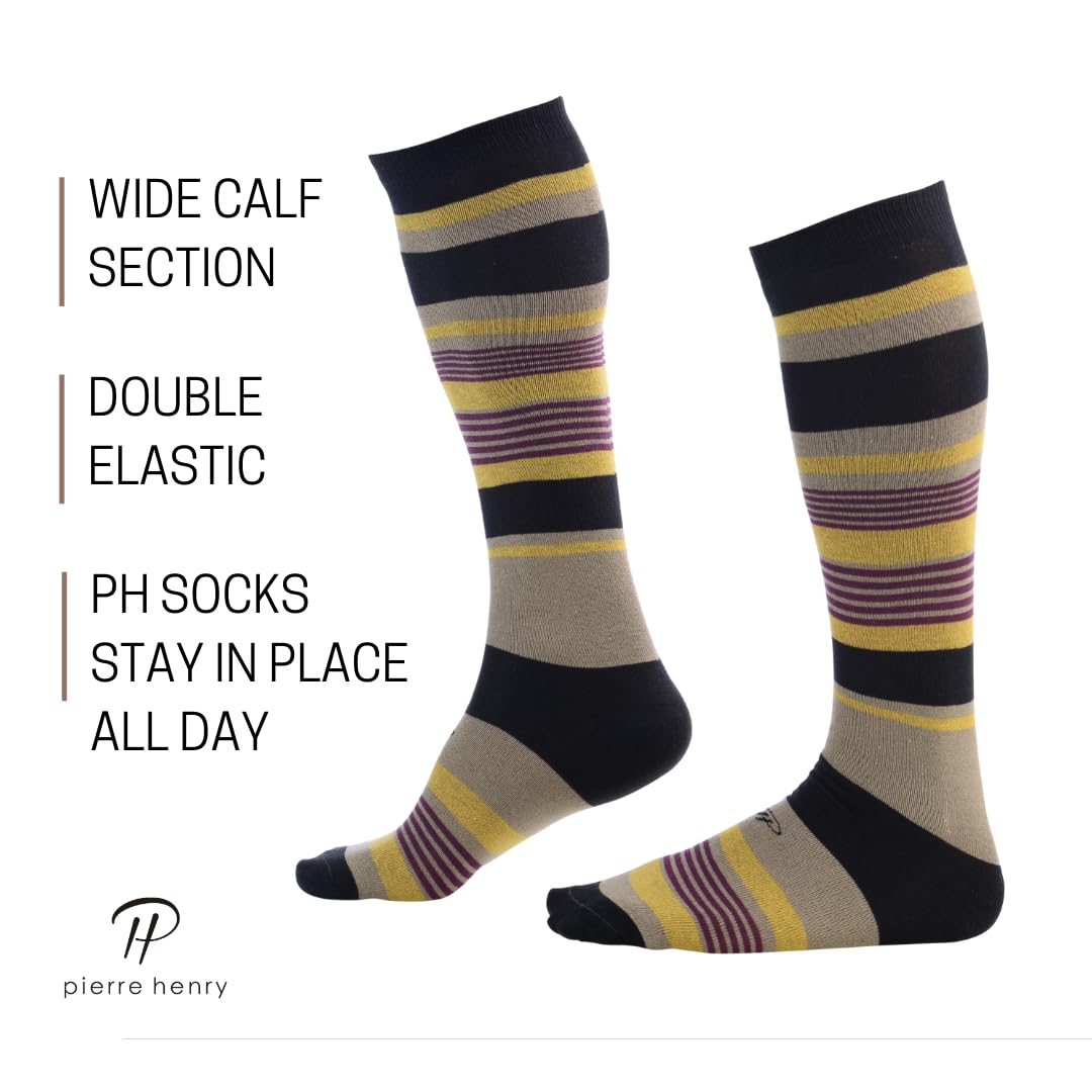 Premium Pierre Henry Men's Over the Calf Dress Socks - 9 Pack Soft Cotton Long Socks That Stay Up - Perfect for Business, Formal Wear & Office Attire