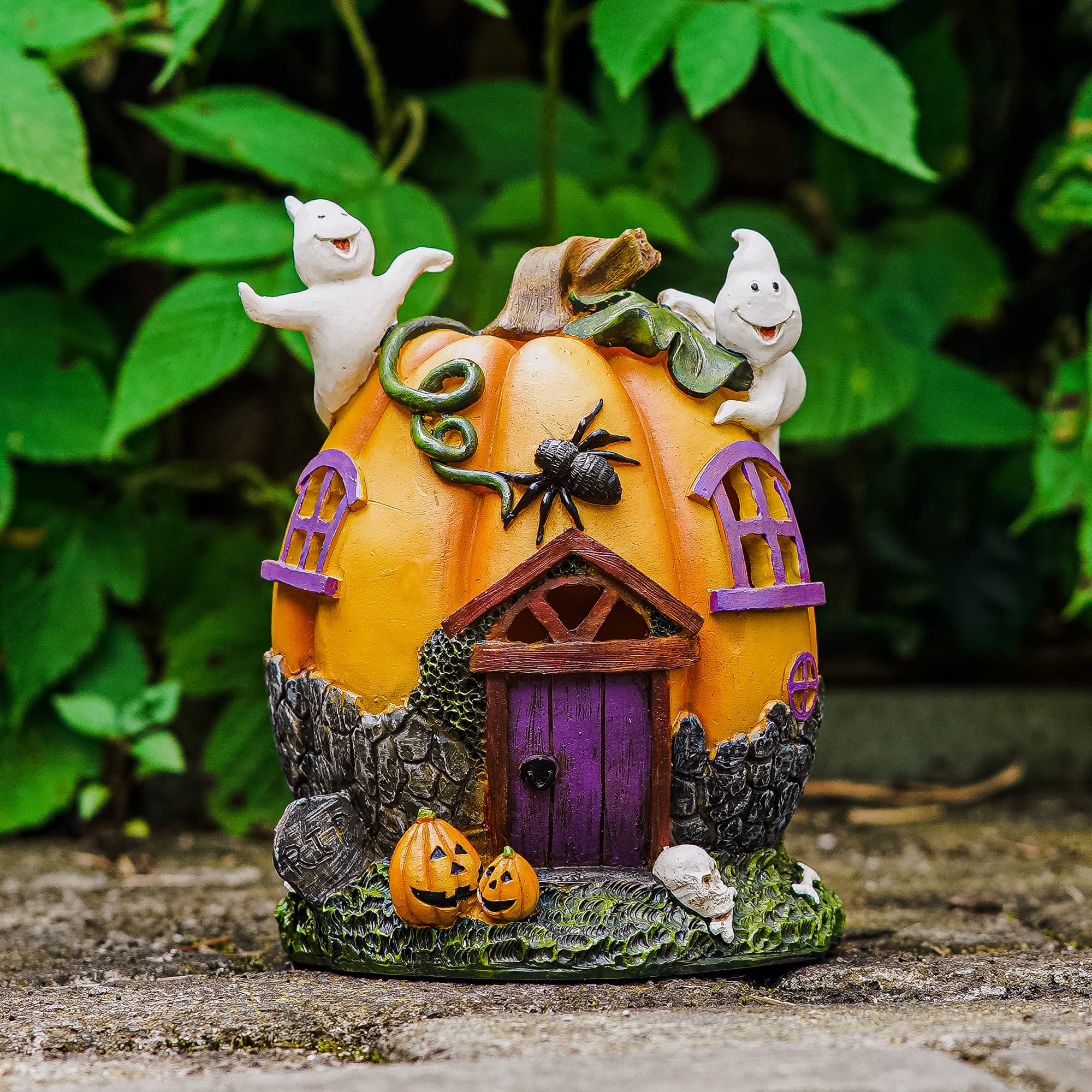 Topadorn Halloween Pumpkin House Figurine with Ghost - Spooky LED Lighted Haunted House Decor for Table, Garden, Yard - Perfect for Halloween Party, Home Decoration & Outdoor Scary Display