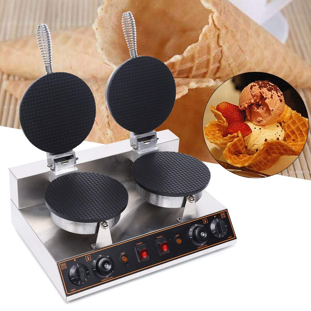 Commercial Waffle Maker - Nonstick Electric Mini Waffle Iron for Ice Cream Cones & Belgian Waffles, Dual Heating Plates with Adjustable Temperature (50-300°C) & Timer, 1200W - Perfect for Breakfast, Desserts & Cafes