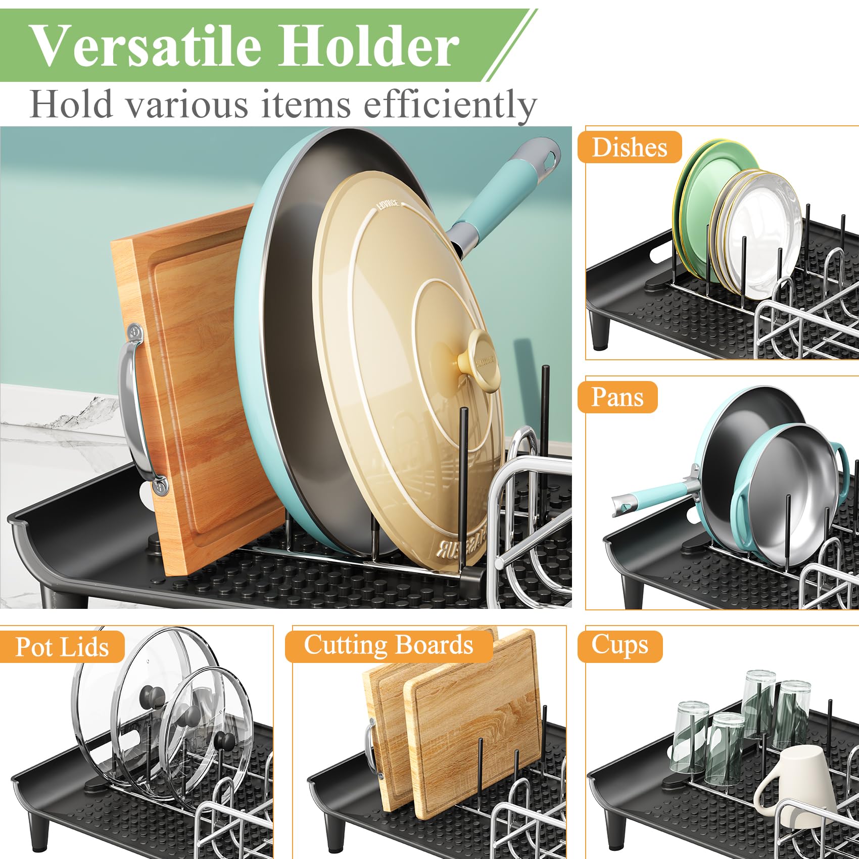Expandable Dish Drying Rack for Kitchen Counter - Large Dish Drainer with Pan Holder, Utensil Holder & Drainboard Cup Holder | Space-Saving Black Dish Rack for Small Kitchens, Apartments & Dorm Rooms