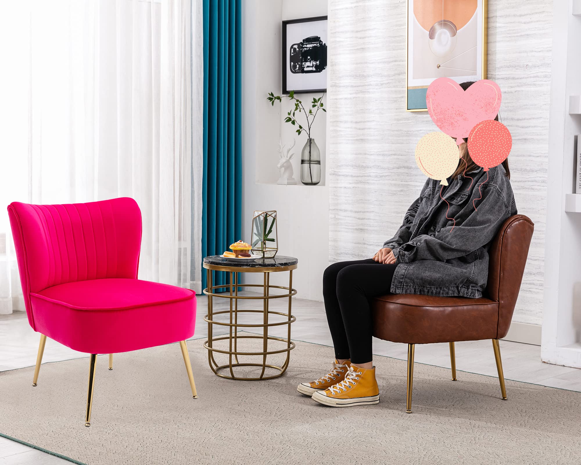 Modern Velvet Accent Chair Set of 2 - Gold Leg Wingback Slipper Chairs for Living Room, Bedroom & Entryway - Space Saving Small Corner Chairs (Rose Red) - Perfect for Cozy Reading Nooks, Guest Seating & Apartment Decor