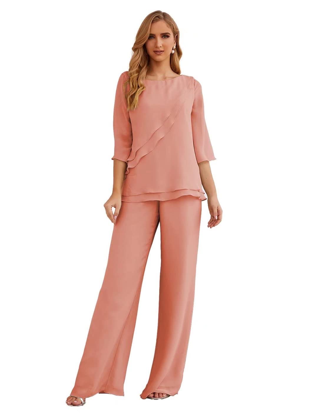 Elegant 2-Piece Mother of The Bride Pant Suit - Ruffled 3/4 Sleeve Wedding Guest Dress for Women | Perfect for Formal Weddings, Receptions & Special Occasions