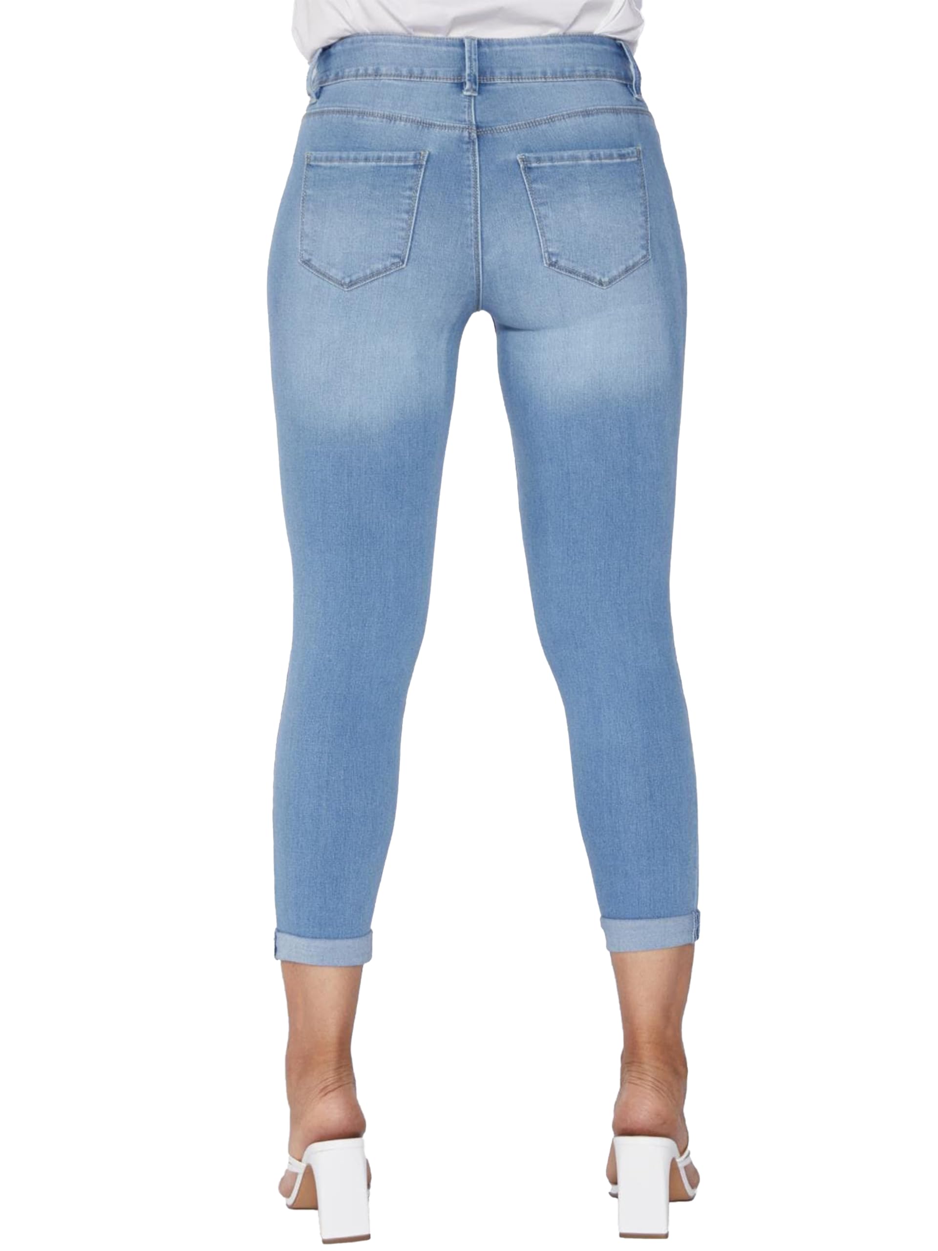 YMI Royalty for Me Women's Petite Tummy Control Rolled Cuff Ankle Jeans - High Waisted Slim Fit Denim Pants for Work & Casual Wear