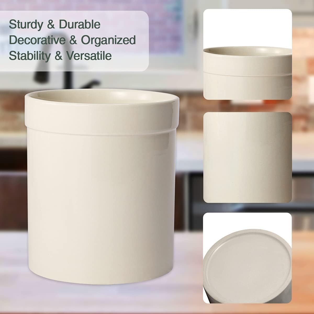 Premium Ceramic Kitchen Utensil Holder - Large Countertop Organizer for Spoons, Spatulas & Cooking Tools | Pure White Minimalist Design | Perfect for Modern Kitchens & Home Decor