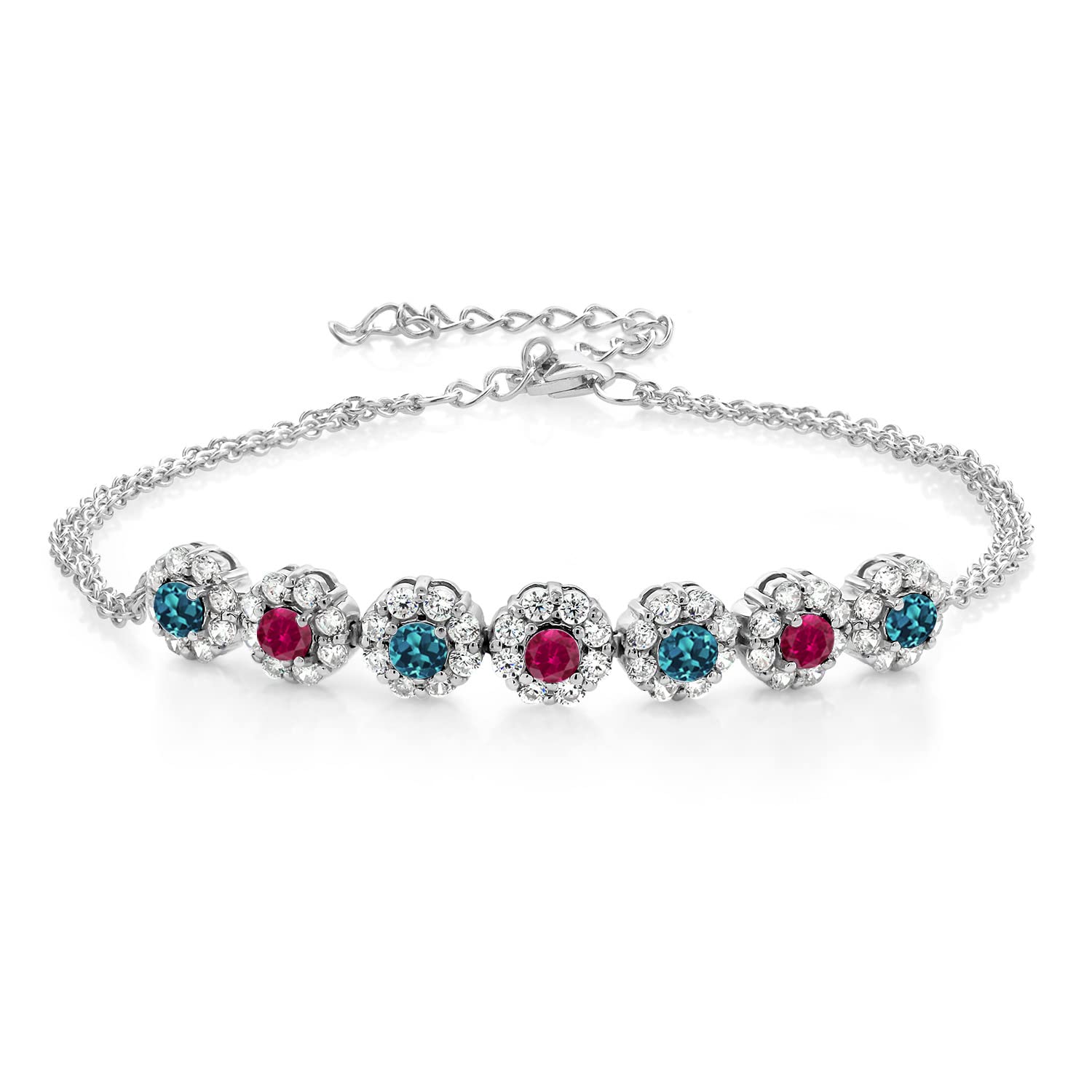 925 Sterling Silver London Blue Topaz & Red Ruby Tennis Bracelet for Women - 2.47 Cttw, November Birthstone Jewelry, 7