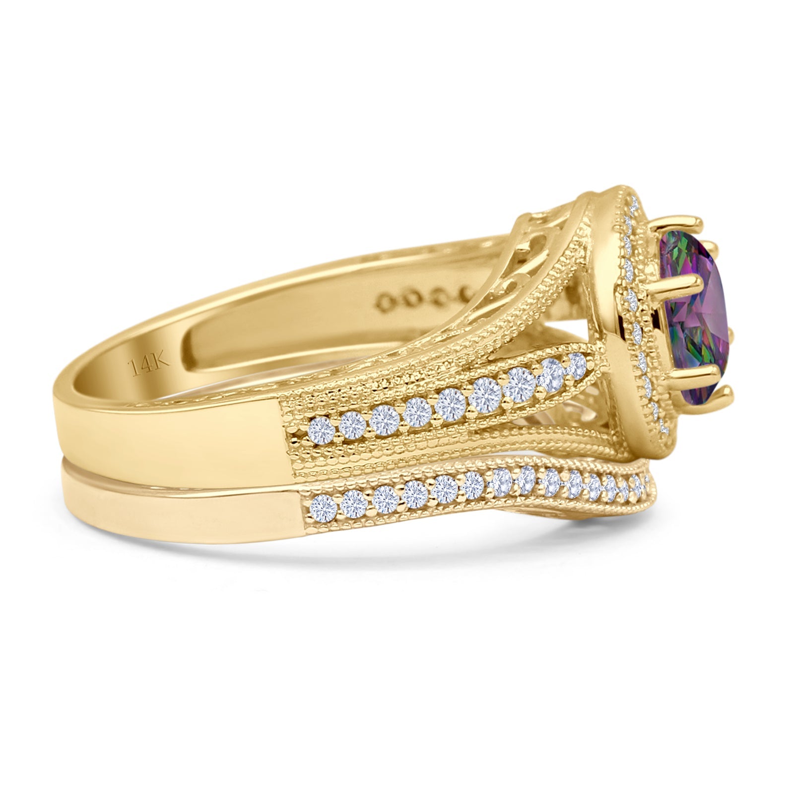 14K Yellow Gold Two-Tone Round Halo Split Shank Curved Contour Band Rainbow CZ Engagement Ring - Perfect for Wedding, Anniversary & Special Occasion Gifts