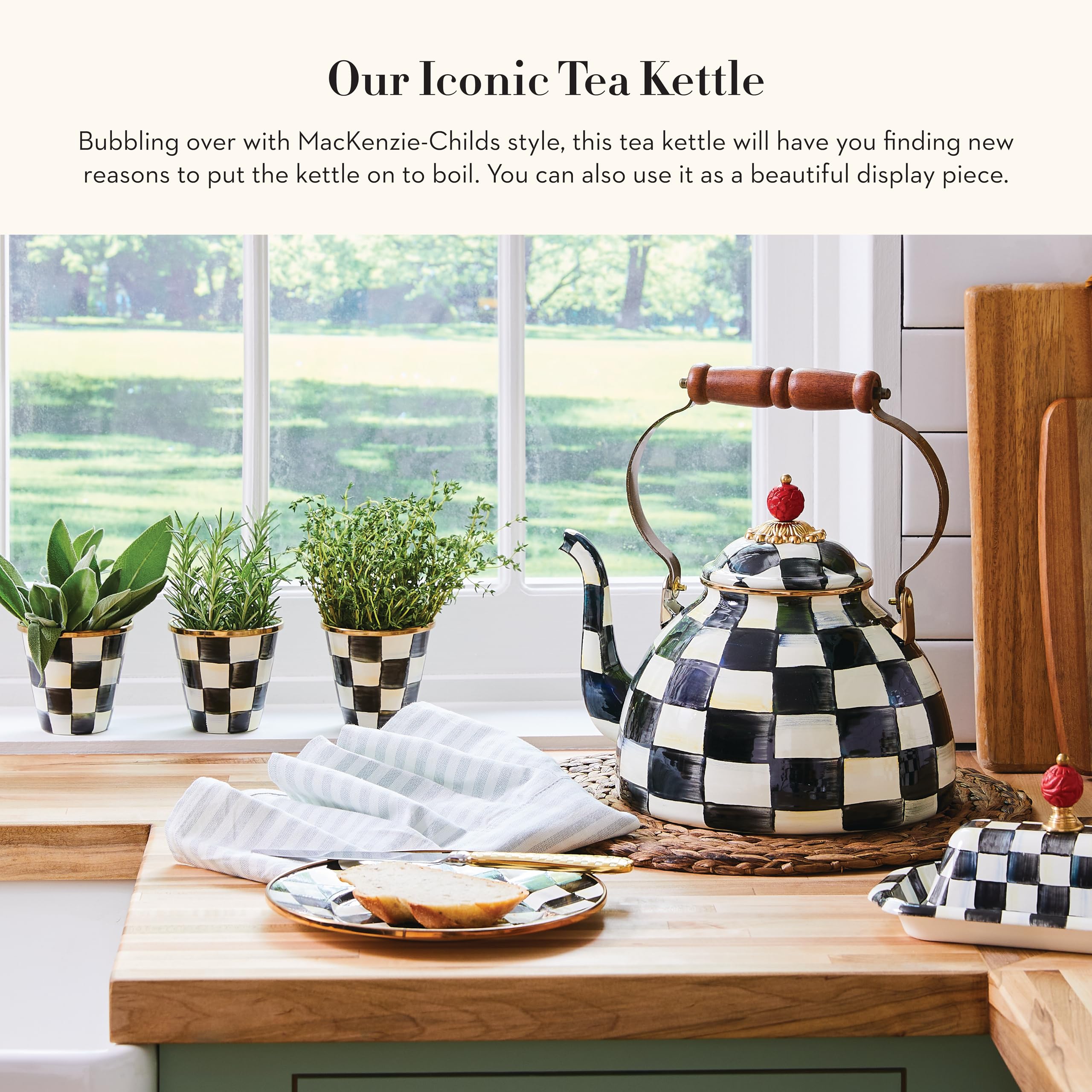 MACKENZIE-CHILDS 3-Quart Enamel Tea Kettle - Black-and-White Courtly Check Stovetop Kettle for Tea Lovers | Perfect for Kitchen, Home Decor & Gift Giving