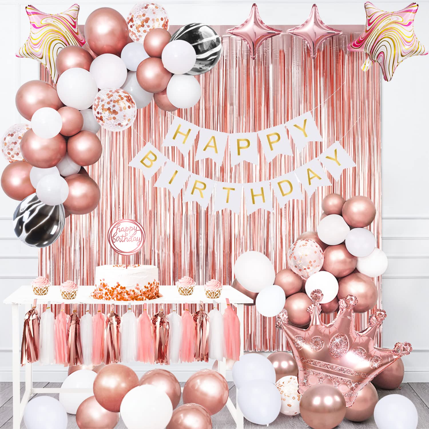 Elegant Rose Gold Birthday Party Decorations Set - Happy Birthday Banner, Fringe Curtain Backdrop, Balloons & Tassel Garland for Women's 30th/40th/50th Birthday, Bridal Shower, Baby Shower & Anniversary Celebrations