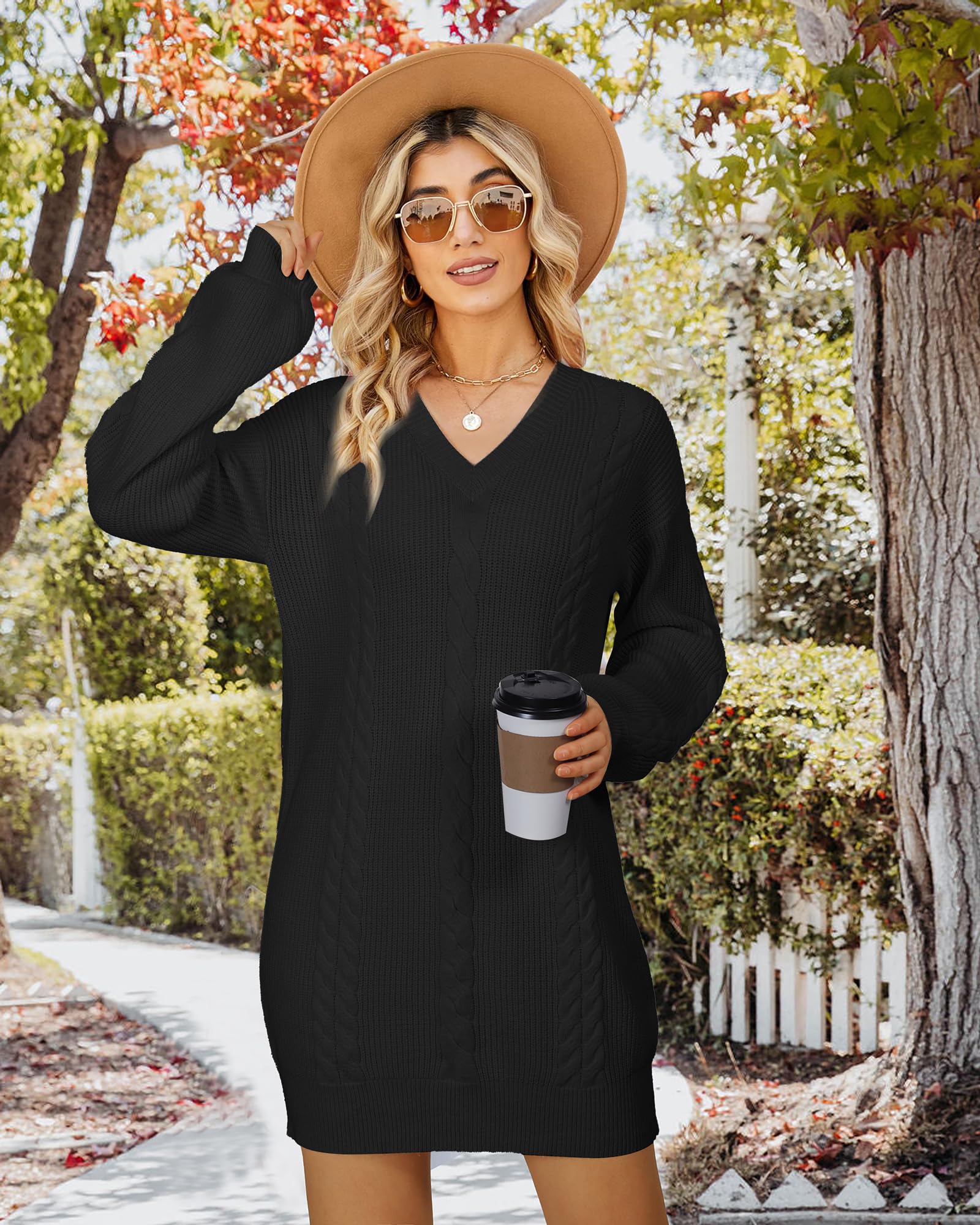 Women's Casual V Neck Lantern Sleeve Pullover Sweater Dress - Soft Knit Mini Jumper for Fall & Winter - Perfect for Office, Date Night and Weekend Outings