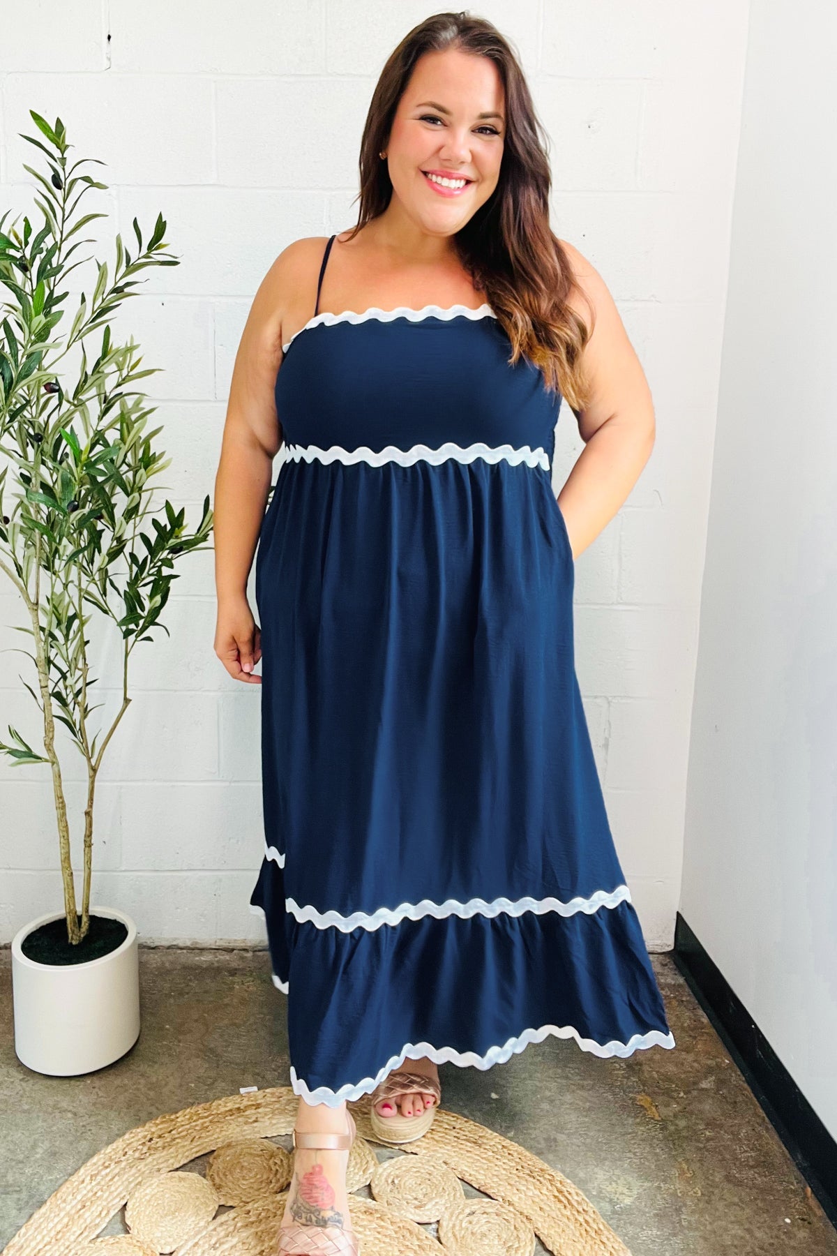 Bold & Sassy Navy Blue Square Neck Maxi Dress with Ric Rac Trim & Adjustable Straps - Perfect for Summer Beach Vacations, Date Nights & Boho Chic Outfits