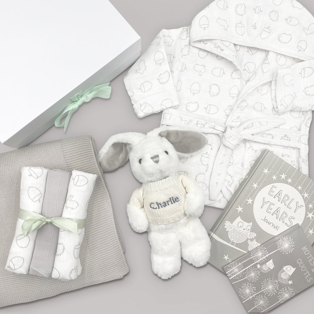 Personalized Little Bunny Keepsake Gift Basket - Baby Shower, Easter, Birthday & Newborn Present Ideas
