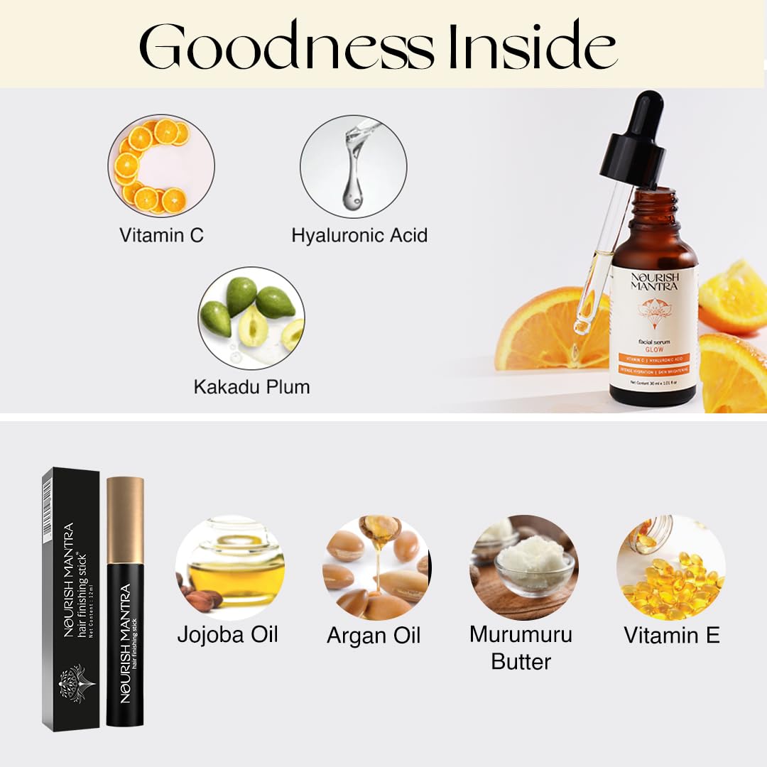 Nourish Mantra Hair Finishing Stick & Glow Serum - Tames Frizz & Perfects Hairstyles with Hyaluronic Acid, Kakadu Plum & Ascorbic Acid - Face Serum for Radiant Skin - Ideal for Daily Styling & Skincare Routine