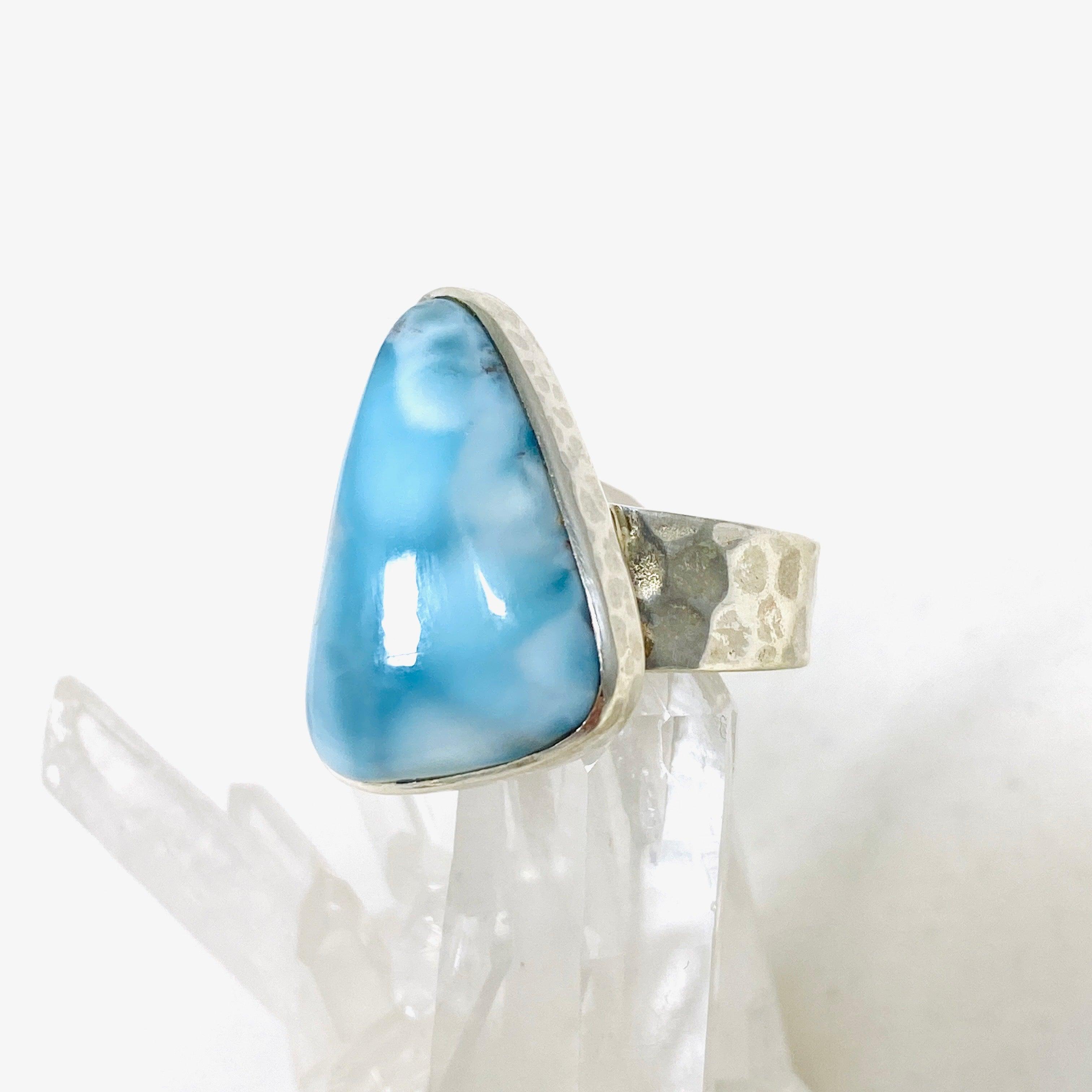 Larimar Triangular Ring with Hammered Band - Size 11 Sterling Silver Jewelry KRGJ3101 | Perfect for Boho Fashion, Beach Weddings & Gift Giving