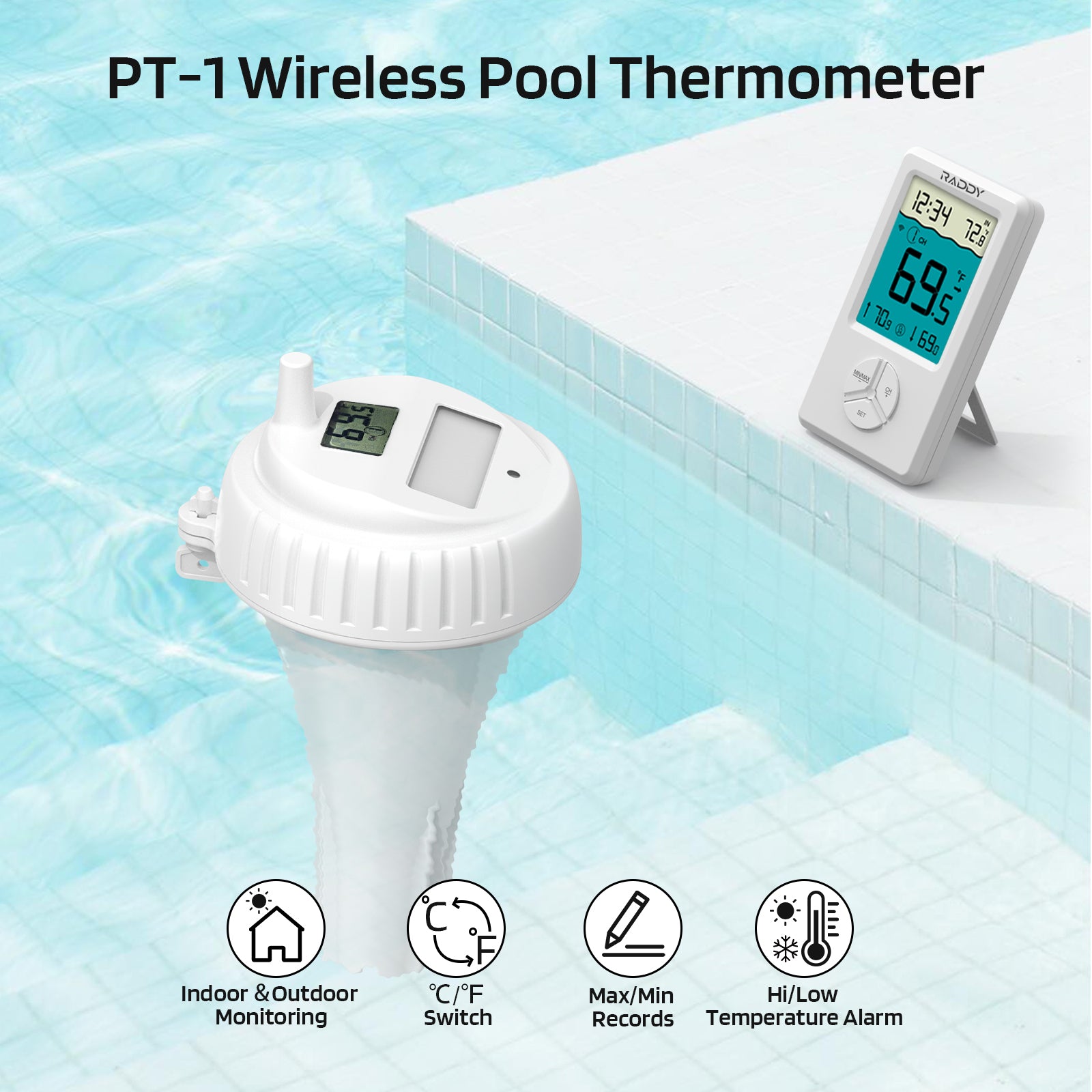 Raddy PT-1 Wireless Digital Water Thermometer with LCD Screen - IPX7 Waterproof for Swimming Pools, Hot Tubs, Fish Ponds & Bath Temperature Monitoring - Perfect for Home, Spa and Outdoor Water Activities