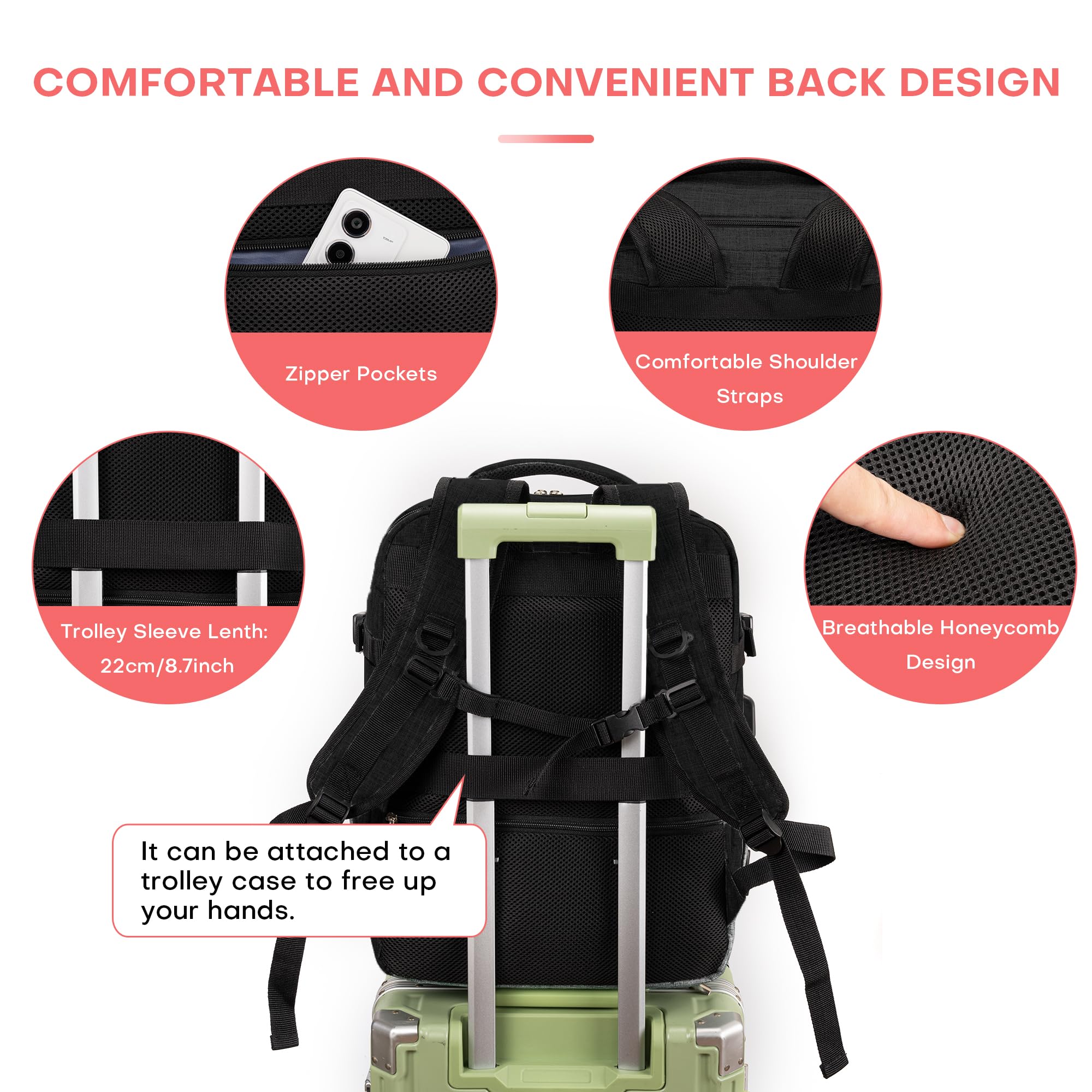 BAGLHER Travel Backpack for Men & Women - Waterproof Carry On Laptop Backpack with USB Charging Port & Shoe Compartment - Flight Approved Business Backpack for Air Travel, Hiking, Commuting & Outdoor Adventures (Black)