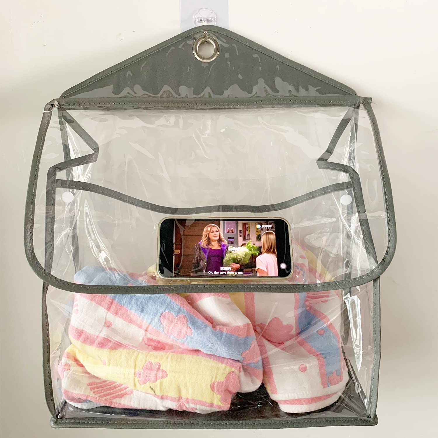 Waterproof Hanging Toiletry Bag Organizer - Clear Shower Caddy for Bathroom with Phone Holder - Watch Videos While Showering - Perfect for Travel, Gym & Dorm (Gray)