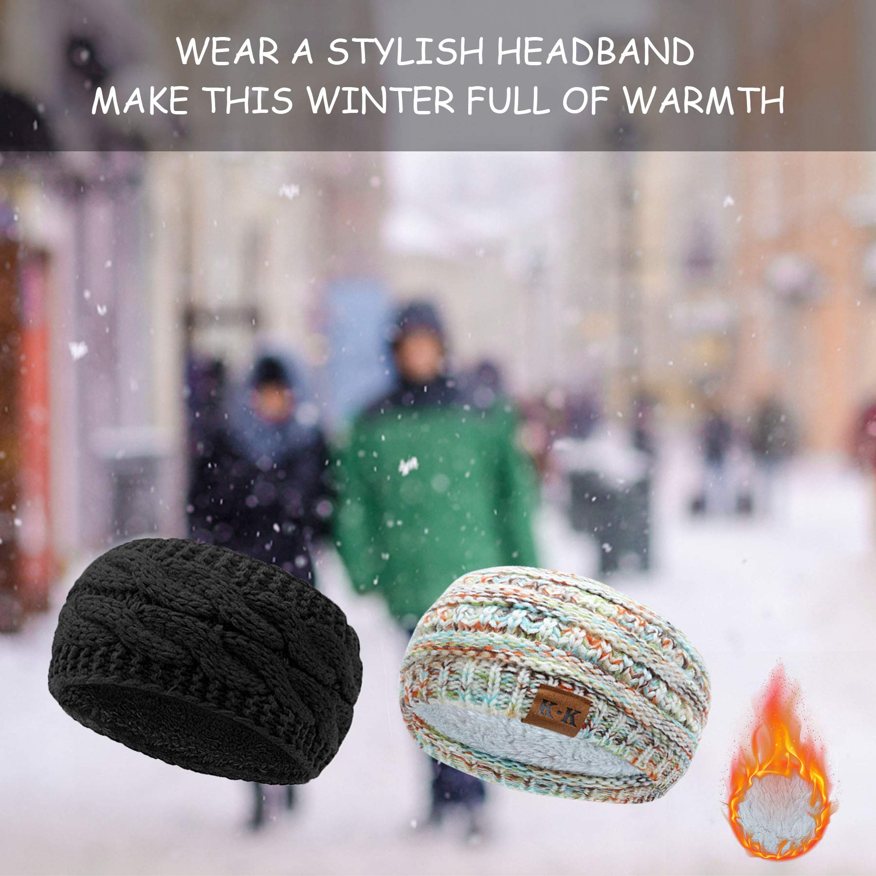 Women's Winter Knitted Headband - Fleece Lined Ear Warmer Headwrap, Crochet Turban Twist Hair Band, Stretchy & Thick for Cold Weather - Perfect for Skiing, Running & Outdoor Activities (JRTD-BK+WHF)