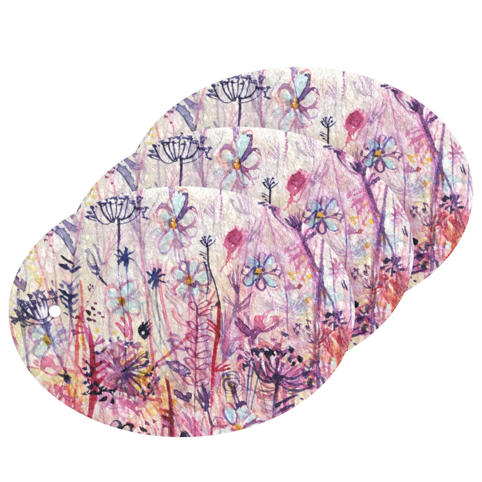 Kcldeci 3 Pack Kitchen Dish Scrub Sponge Pads - Blue and Pink Flower Scrubbers for Dishes, Dishwashing & Household Cleaning - Durable Kitchen Sponges for Sinks, Countertops & Cookware