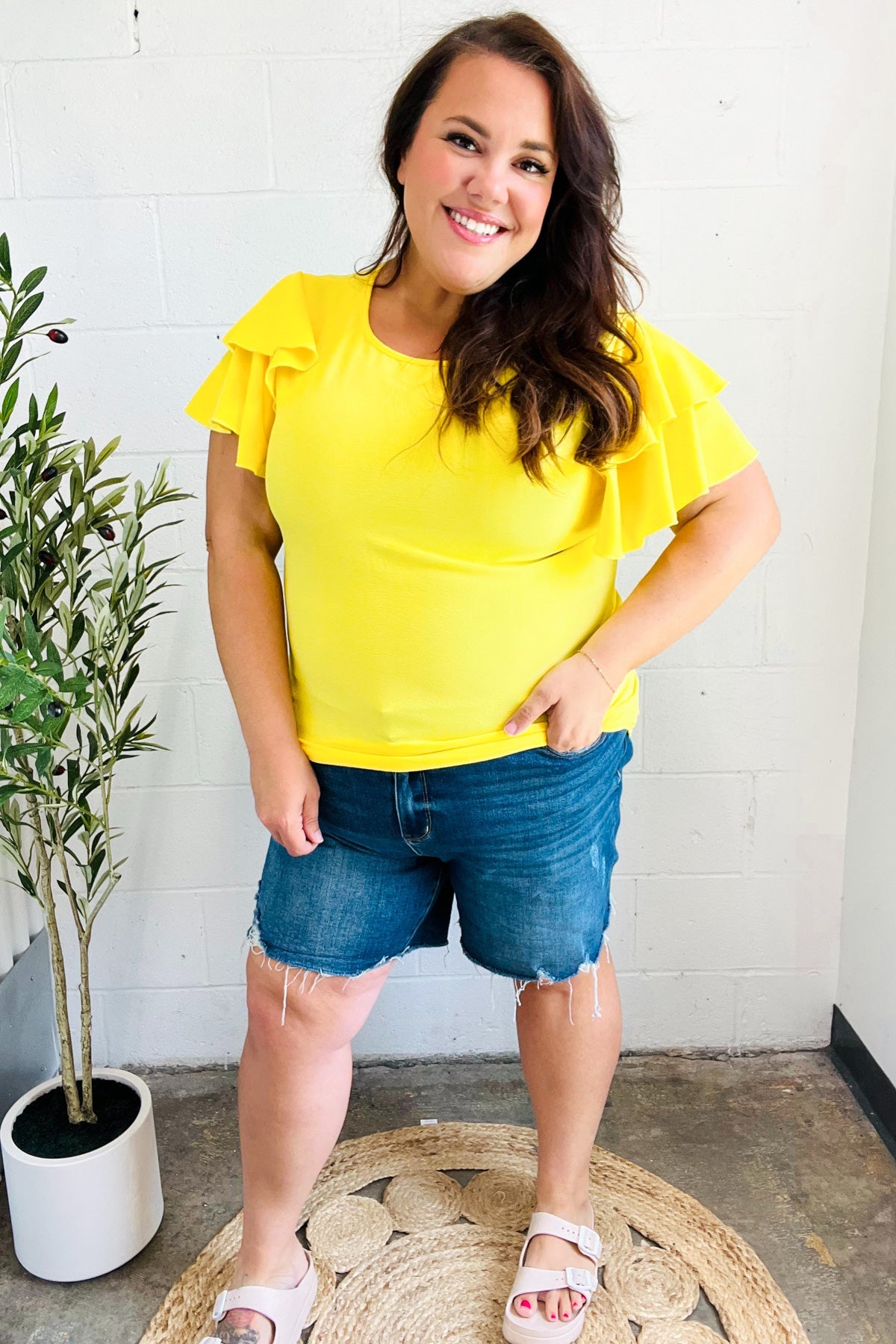 Stylish Yellow Tiered Double Ruffle Sleeve Blouse for Women - Perfect for Spring Outfits, Date Nights & Office Wear