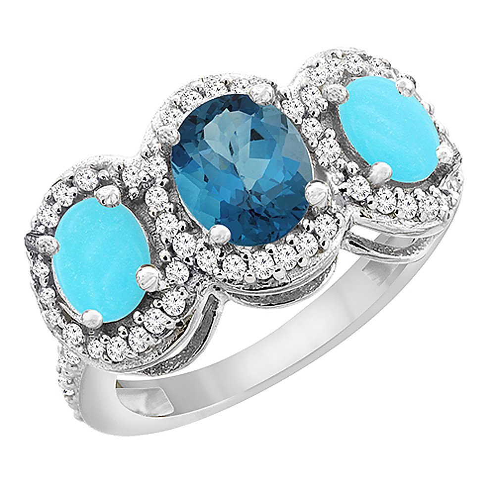 10K White Gold Natural London Blue Topaz & Turquoise 3-Stone Ring with Oval Diamond Accent - Sizes 5-10 | Elegant Jewelry for Engagement, Anniversary & Special Occasions