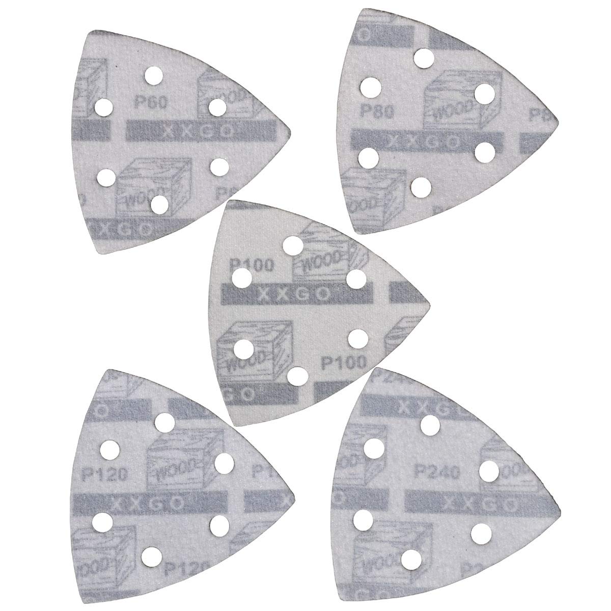 XXGO 3.5 Inch 90mm Triangular Sandpaper Assortment - 60/80/100/120/240 Grits Hook & Loop Multi-Tool Sanding Pads (Pack of 100) - Compatible with 3.5