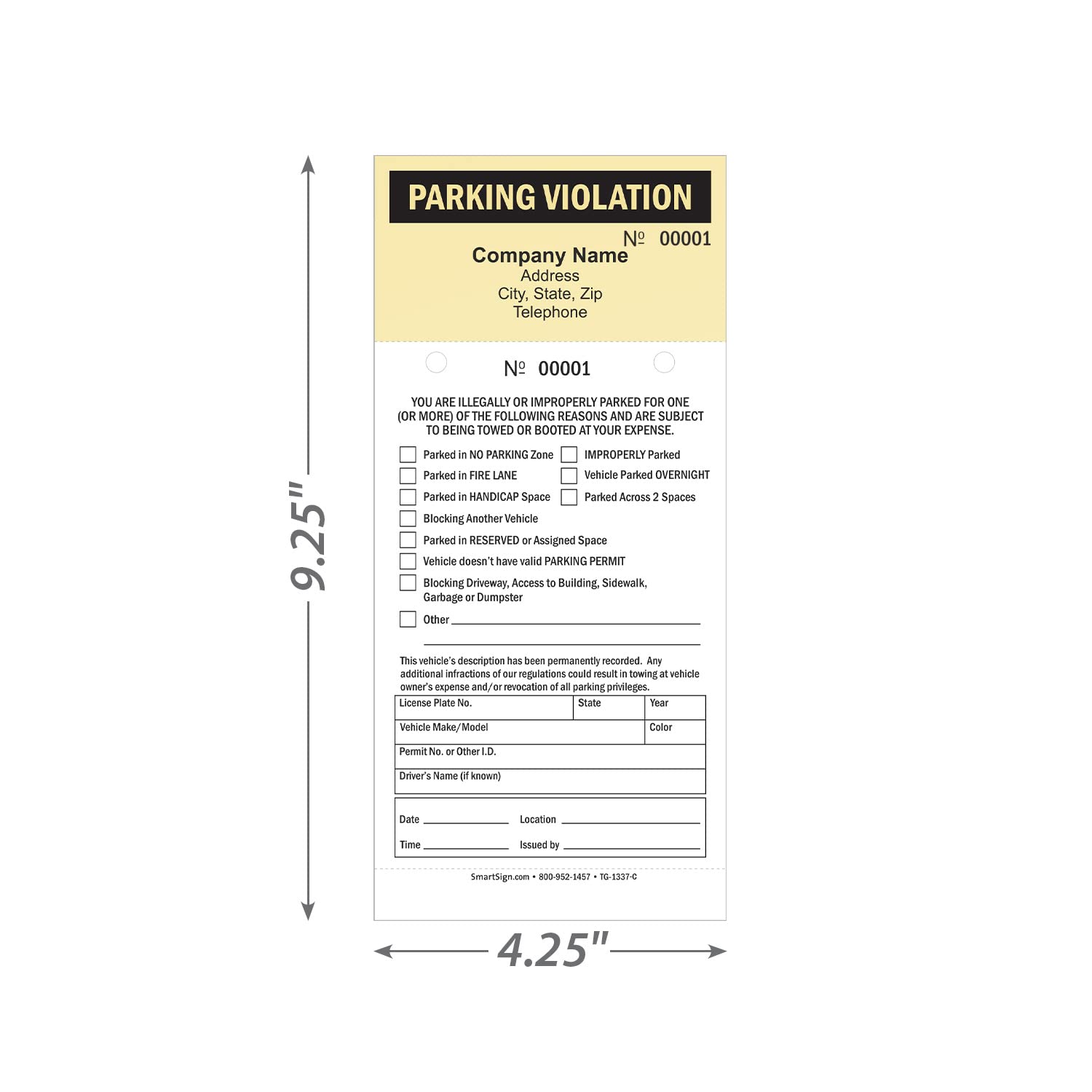 SmartSign Custom Parking Violation Ticket (Pack of 50) - Personalized with Your Company Name & Contact Info - 9.25