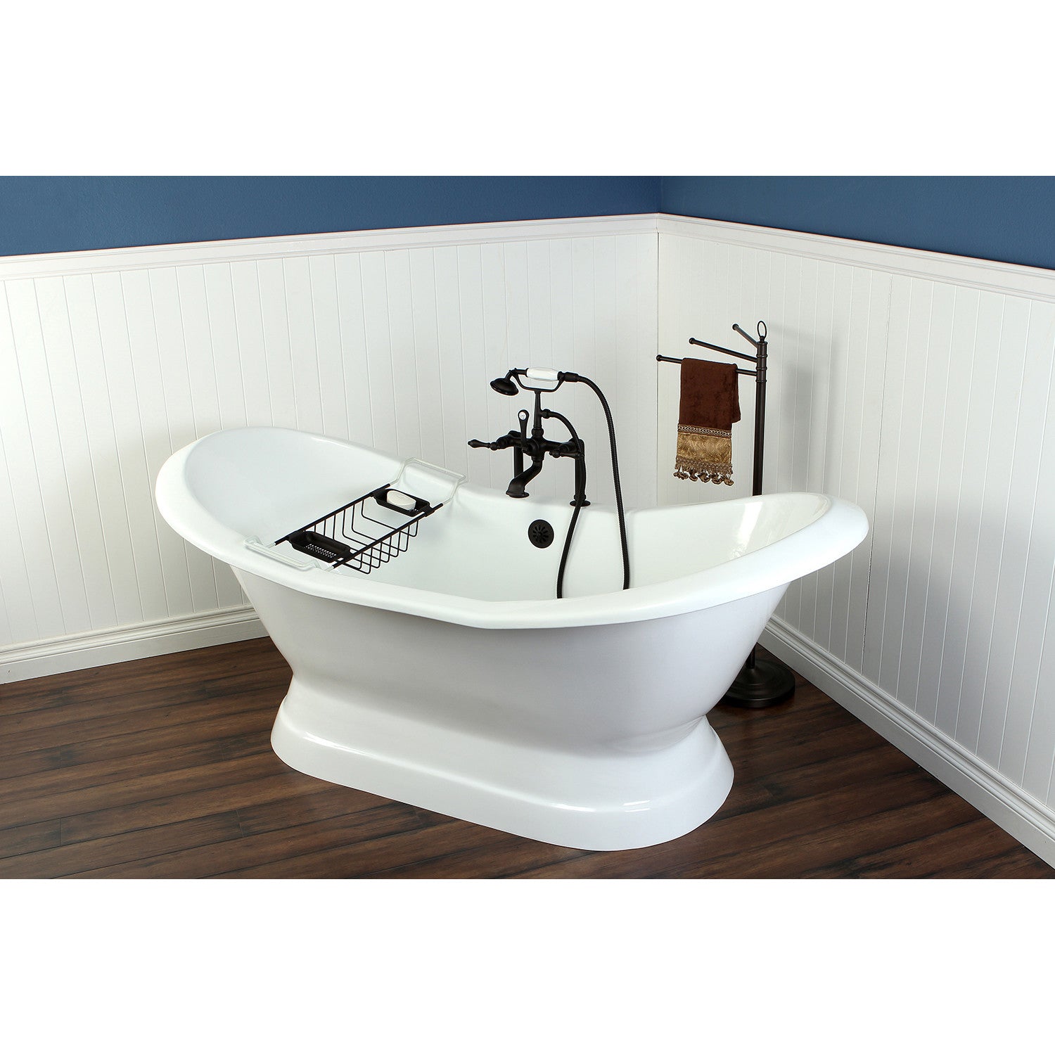 Aqua Eden 72 Inch White Cast Iron Oval Double Slipper Pedestal Bathtub with 7 Inch Faucet Drillings - Luxury Freestanding Soaking Tub for Spa Bathroom & Master Suite Relaxation