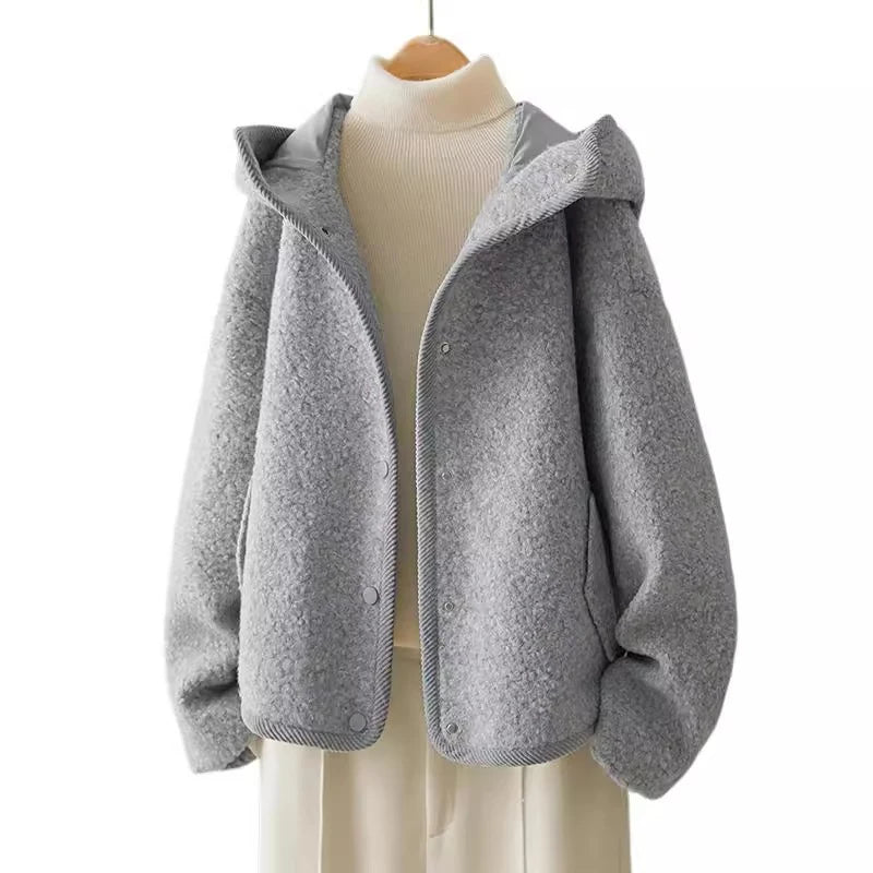Women's Grey Hooded Jacket - Korean Fashion Long Sleeve Single Breasted Coat for Autumn Winter | Casual Loose Fit Holiday Tops | Perfect for Daily Wear, Travel & Outdoor Activities