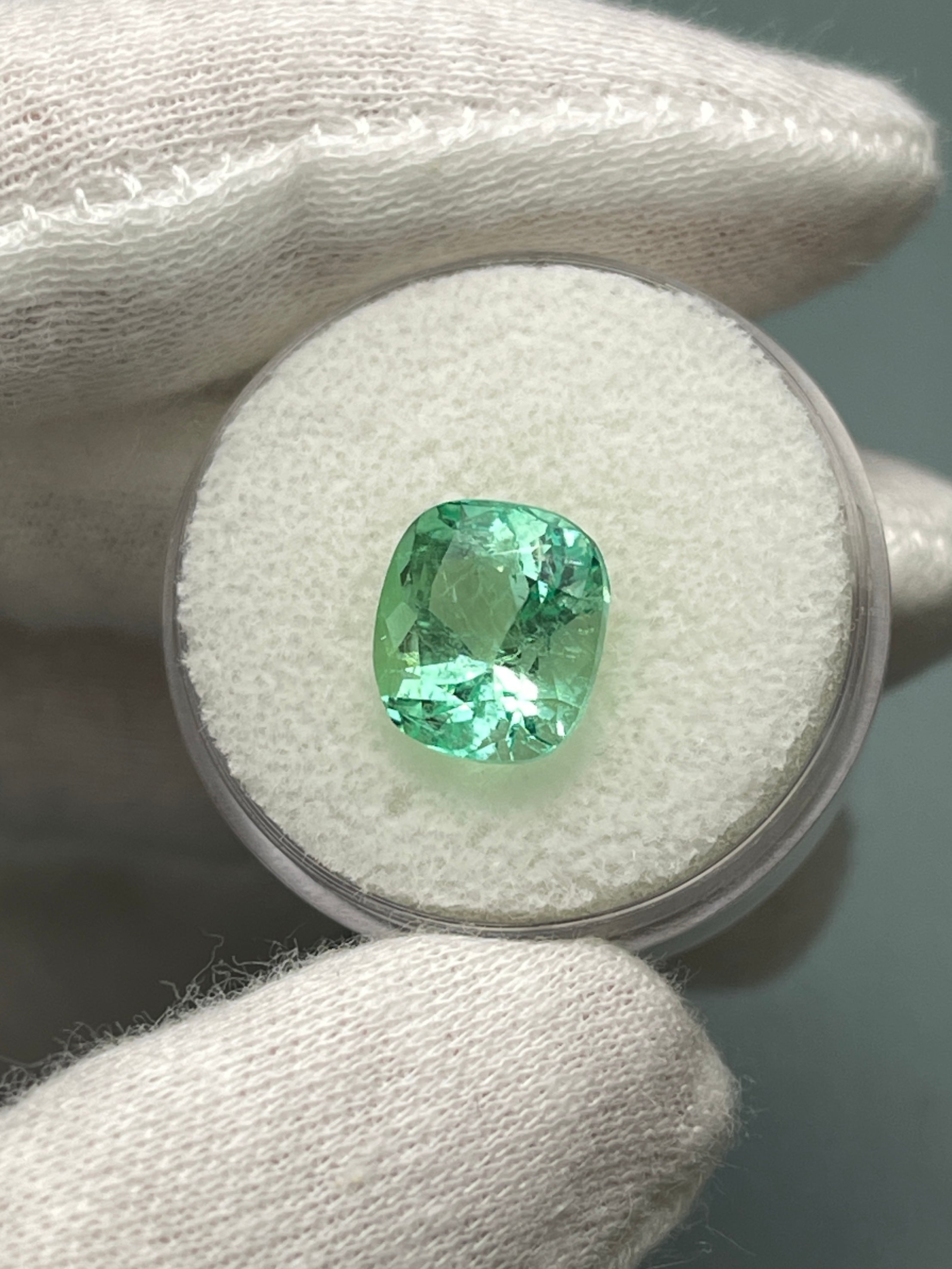 4.13 Carat 10x9mm Pastel Yellowish Green Natural Loose Colombian Emerald Cushion Cut Gemstone for Jewelry Making, Engagement Rings & Collector's Items