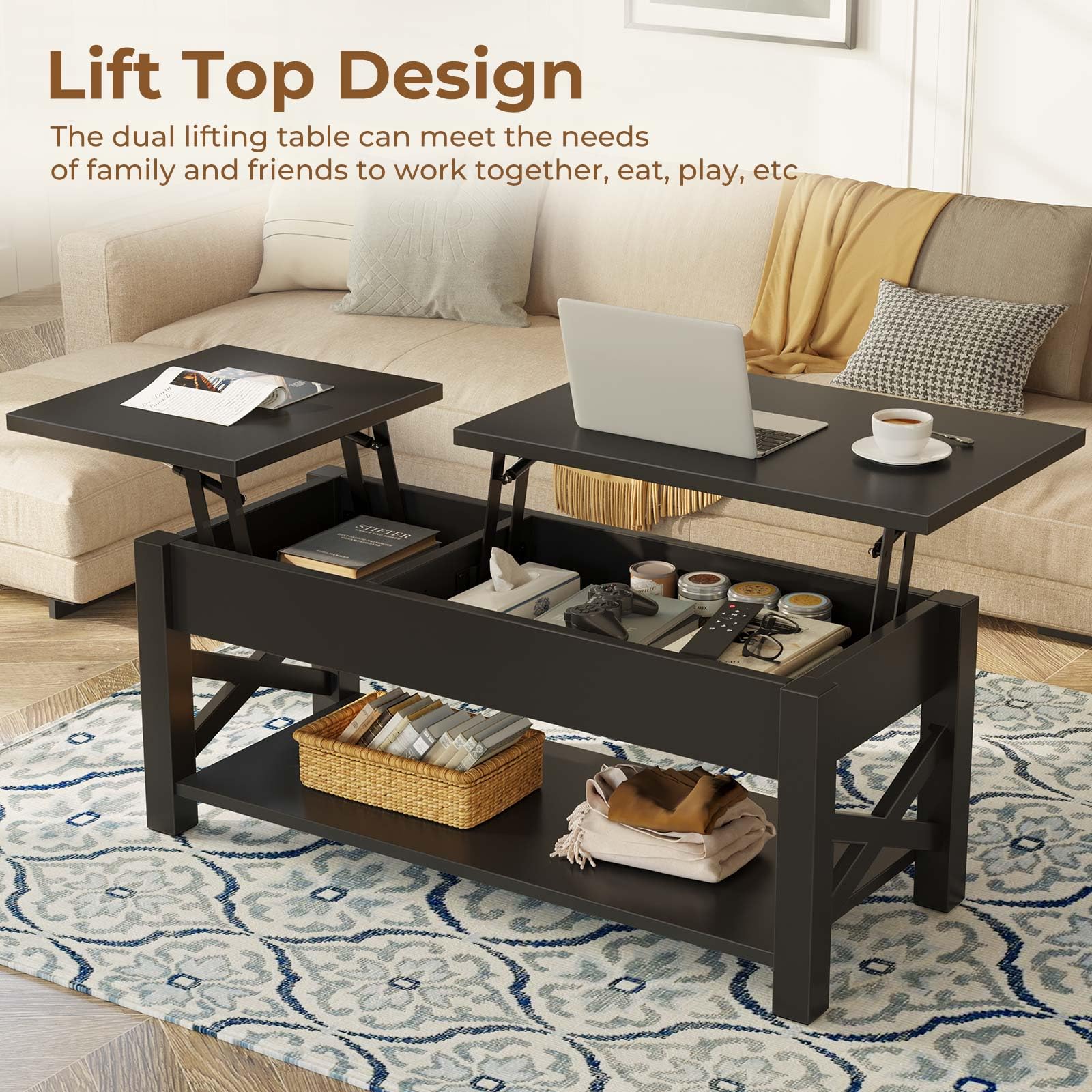 Rolanstar 47.2 Inch Lift Top Coffee Table - Farmhouse Style Center Table with Hidden Storage Compartment, Open Shelf & X-Shaped Wooden Legs for Living Room - Black | Perfect for Small Spaces, Home Decor & Coffee Lovers